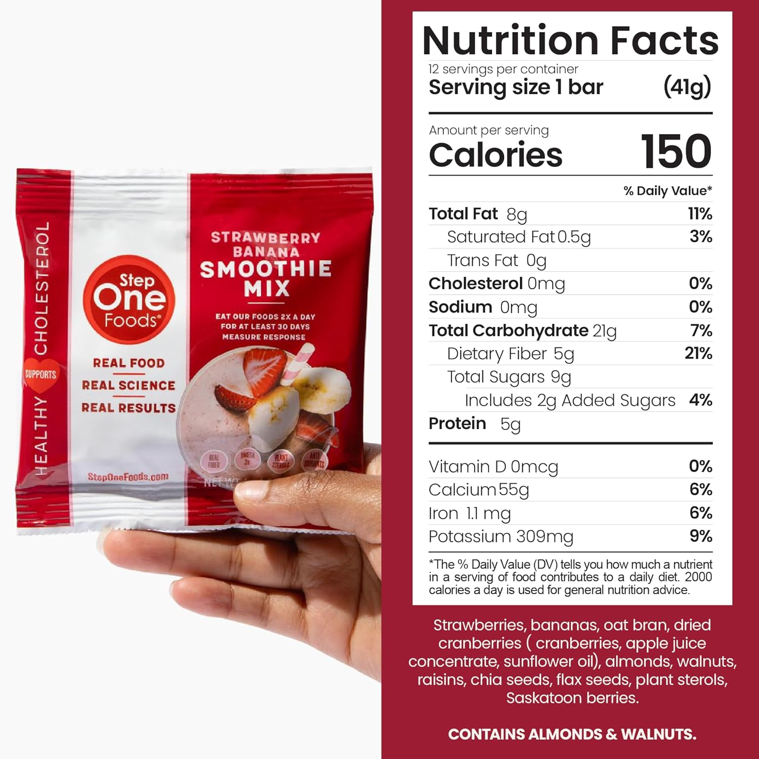 Step One Foods Strawberry Banana Smoothie Mix, Heart Healthy Snack Plant Sterols, Omega 3's and Dietary Fiber Gluten Free Vegan Non-GMO, Individual Packs (12 Pack) - Image 2