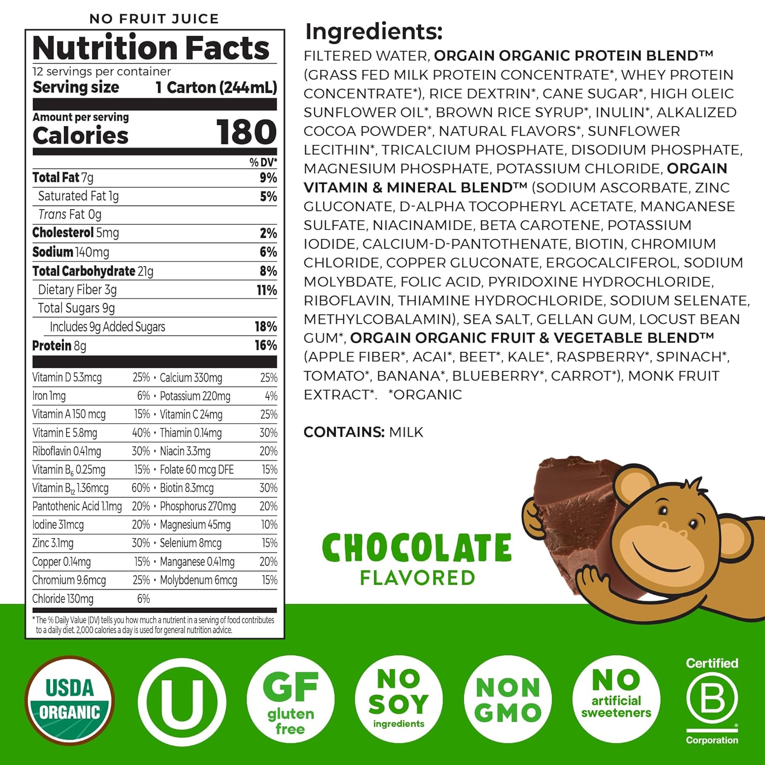 Orgain Organic Kids Nutritional Protein Shake, Chocolate, Healthy Kids Snacks, 8g Dairy Protein, 3g Fiber, 22 Vitamins & Minerals, No Soy Ingredients, Gluten Free, Non-GMO, 8.25 Fl Oz (Pack of 12) - Image 2