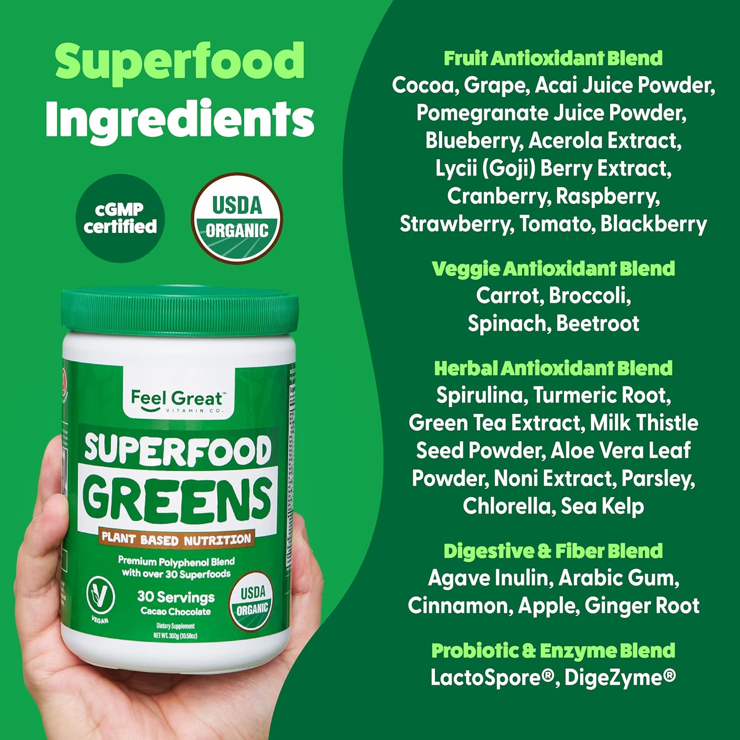 Feel Great Organic Superfood Greens Powder - Cocoa Chocolate | Fruit & Vegetable Supplement | Over 20 Greens, Fruits & Veggies, Fiber, Probiotics & Digestive Enzymes | 30 Servings - Image 2