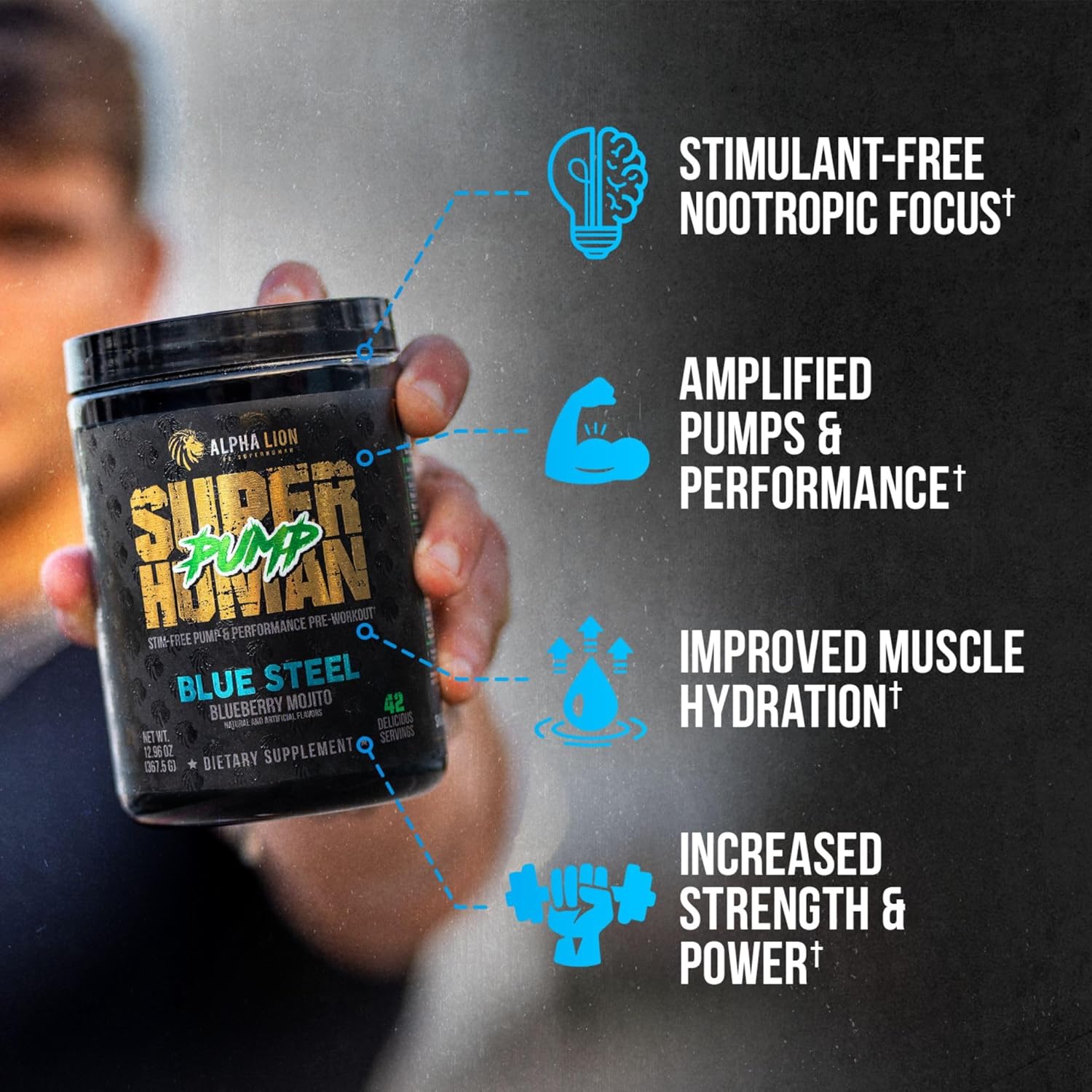 ALPHA LION Superhuman Pump Pre Workout Powder, Nootropic Caffeine & Stim Free Preworkout Supplement, Nitric Oxide Booster, Muscle Gainer, Energy & Focus (42 Servings, Blueberry Steel Flavor) - Image 2