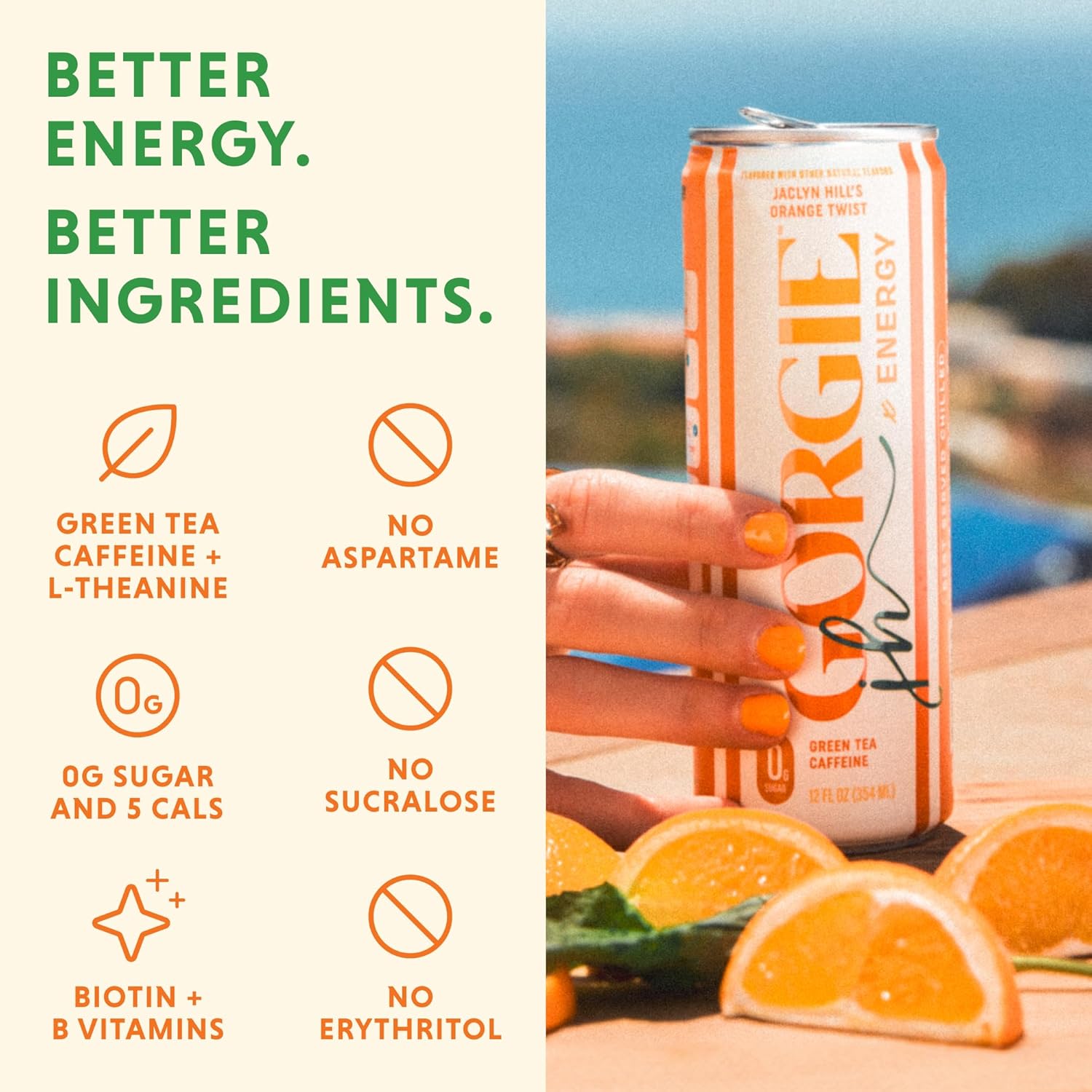 GORGIE Sugar Free Natural Energy Drinks, Jaclyn Hill Orange Twist (12 Pack) Healthy Sparkling Energy Drinks Natural Coffee Replacement with Green Tea Caffeine and Biotin, Vegan, Low Calorie - Image 4