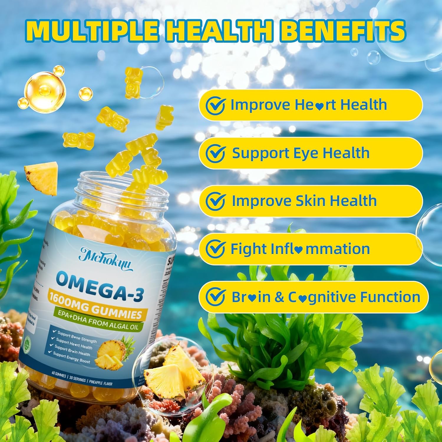 Vegan Omega-3 Gummies 1600mg EPA & DHA from Algal Oil, Fish Oil Alternative for Adults & Kids, Omega 3 Supplement with Vitamin D3 K2 for Brain, Eye & Immune Health Sugar Free Pineapple, 60 Count - Image 4