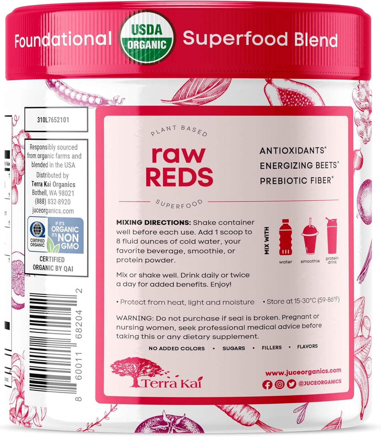 Terra Kai Organics Júce Raw Reds Daily Superfood Powder (30 Servings), 37 Superfoods, Clean Label, No Added Colors, sugars, fillers, unflavored - Image 2