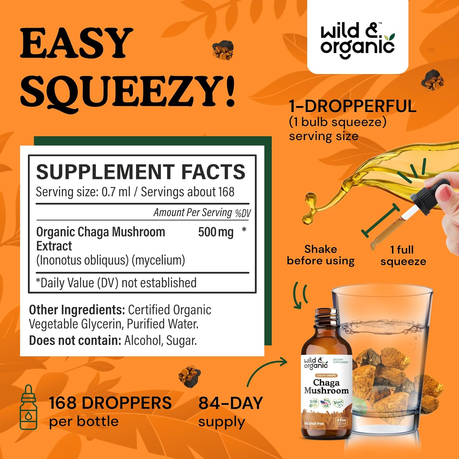 Wild & Organic Chaga Mushroom Drops - Immune Support with Chaga Extract - Liquid Mushroom Supplement for Immunity - Vegan, Sugar & Alcohol-Free Tincture - 4 fl oz - Image 3