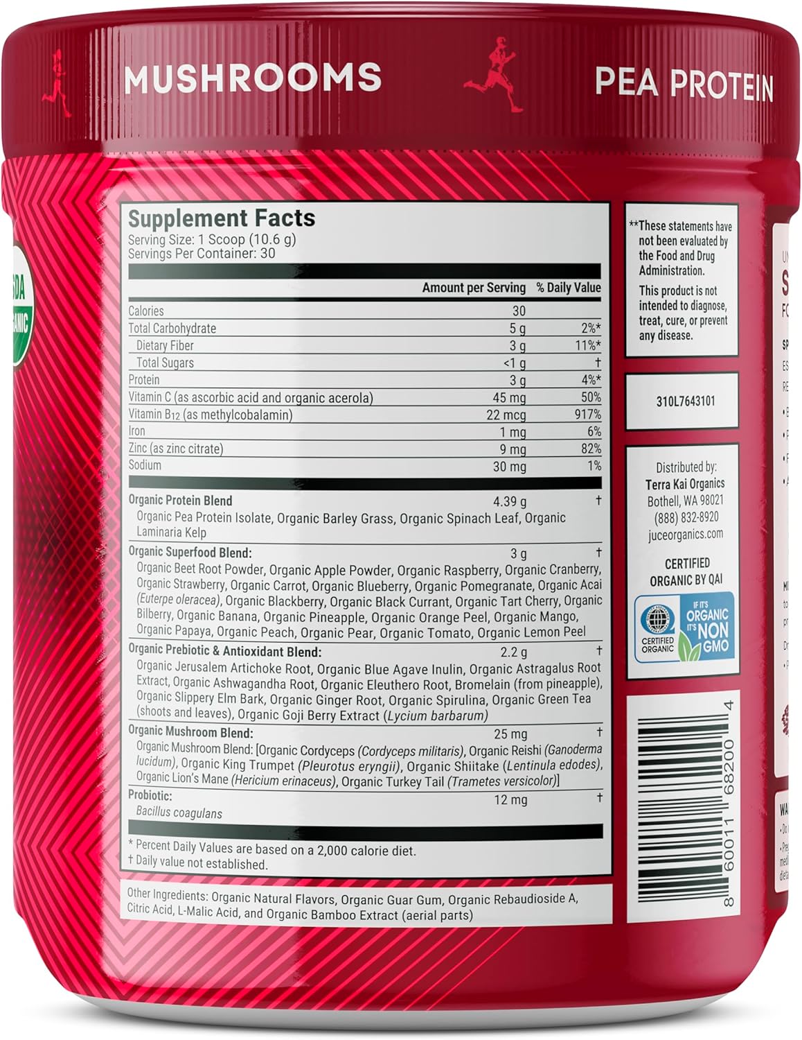 Terra Kai Organics Juce SR7 Sport Reds Organic Fruit & Veggies w/Pea Protein | 43 Superfoods, Antioxidants, Mushrooms, Beets, Herbal Adaptogens, Probiotic, Fiber, Garden Berry Flavor (30 Servings) - Image 3