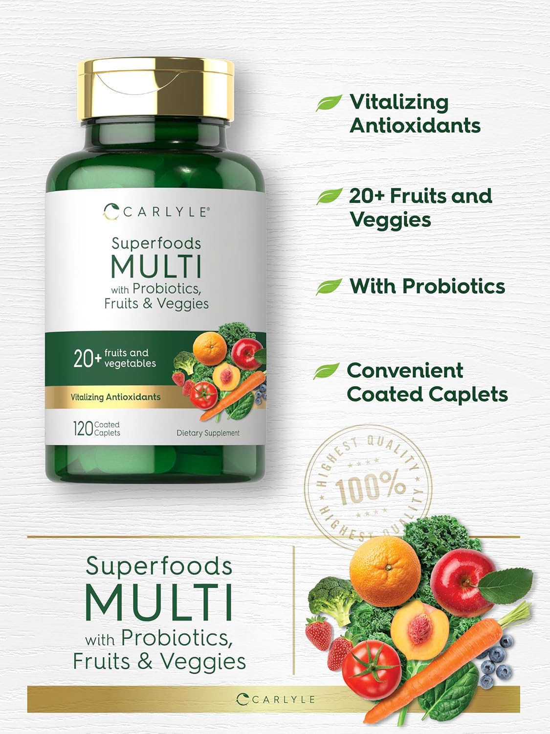 Carlyle Fruits and Veggies Supplement | 120 Count | Superfood Multivitamin with Probiotics | Made with 20 Fruits and Vegetables | Non-GMO & Gluten Free - Image 5