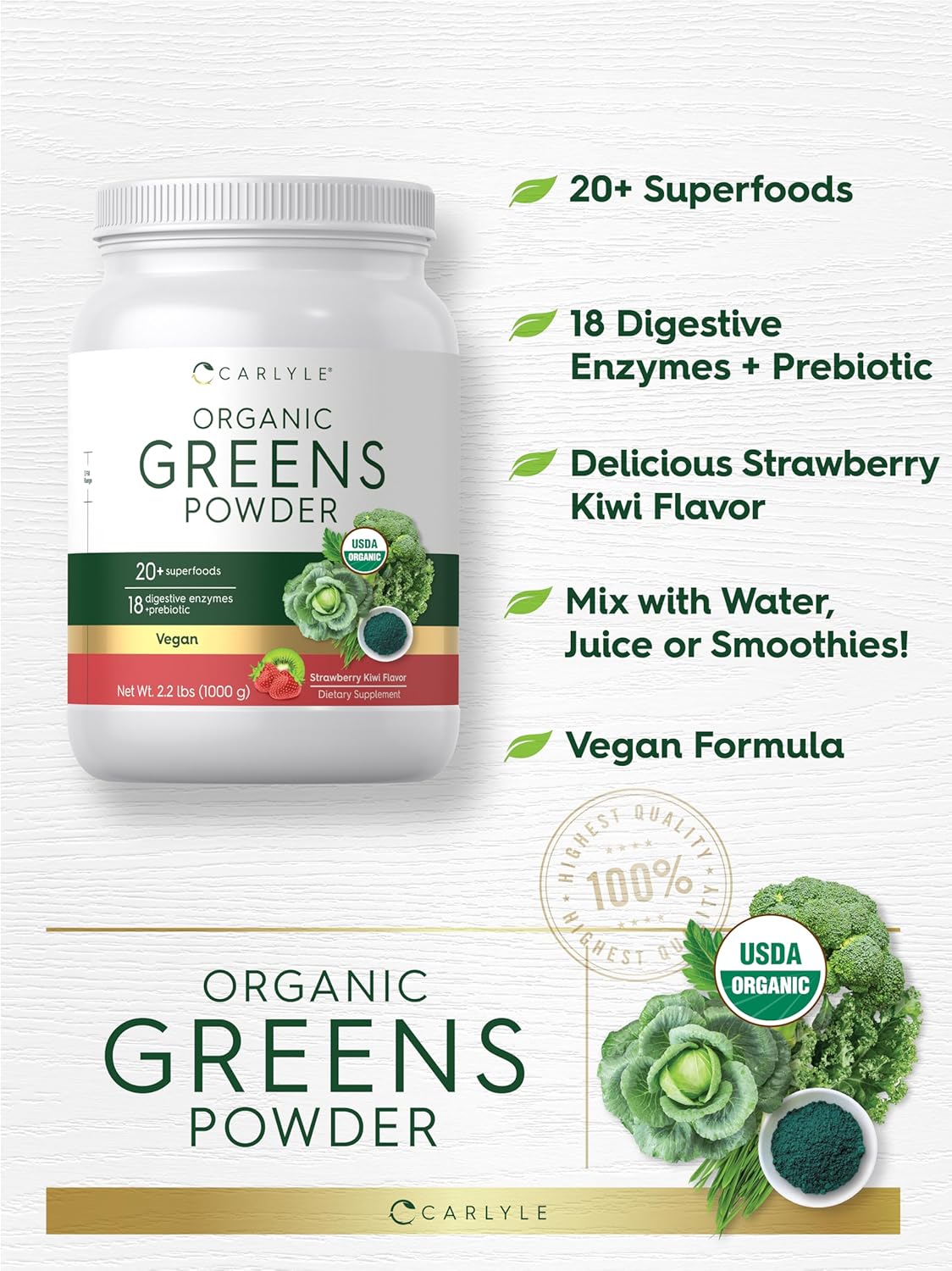 Carlyle Organic Greens Powder | 35.2 oz Supplement | Strawberry Kiwi Flavor | Relieves Occasional Gas, Discomfort & Bloating | with 20+ Superfoods, and Prebiotics | Vegan, Non-GMO and Gluten Free - Image 4