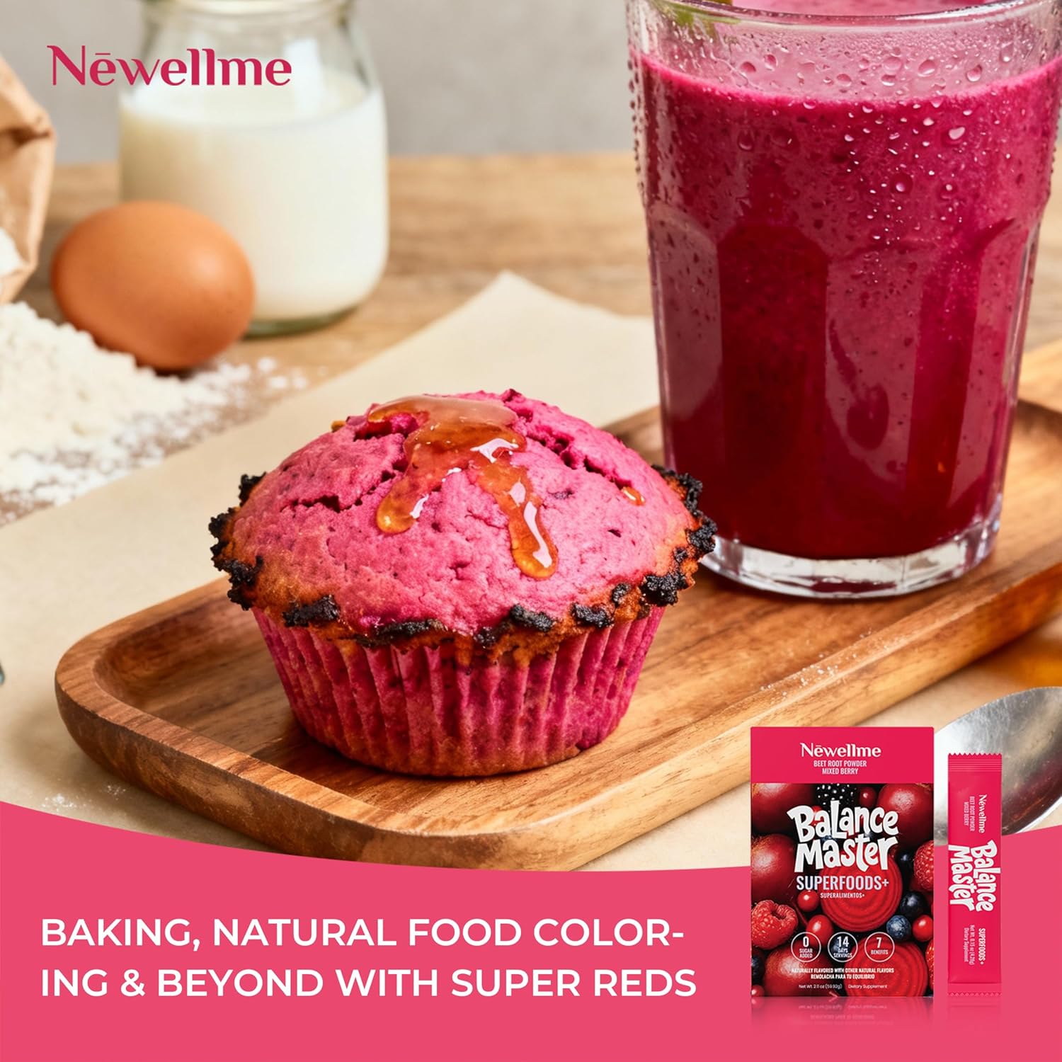 NEWELLME Balance Master Organic Raw Beet Root Powder - Super Reds Superfood for Heart & Energy, Smoothies, Baking & Juice, Natural Red Food Coloring, Mixed Berry, Sugar Free, Non-GMO, 14 Stick Packs - Image 7
