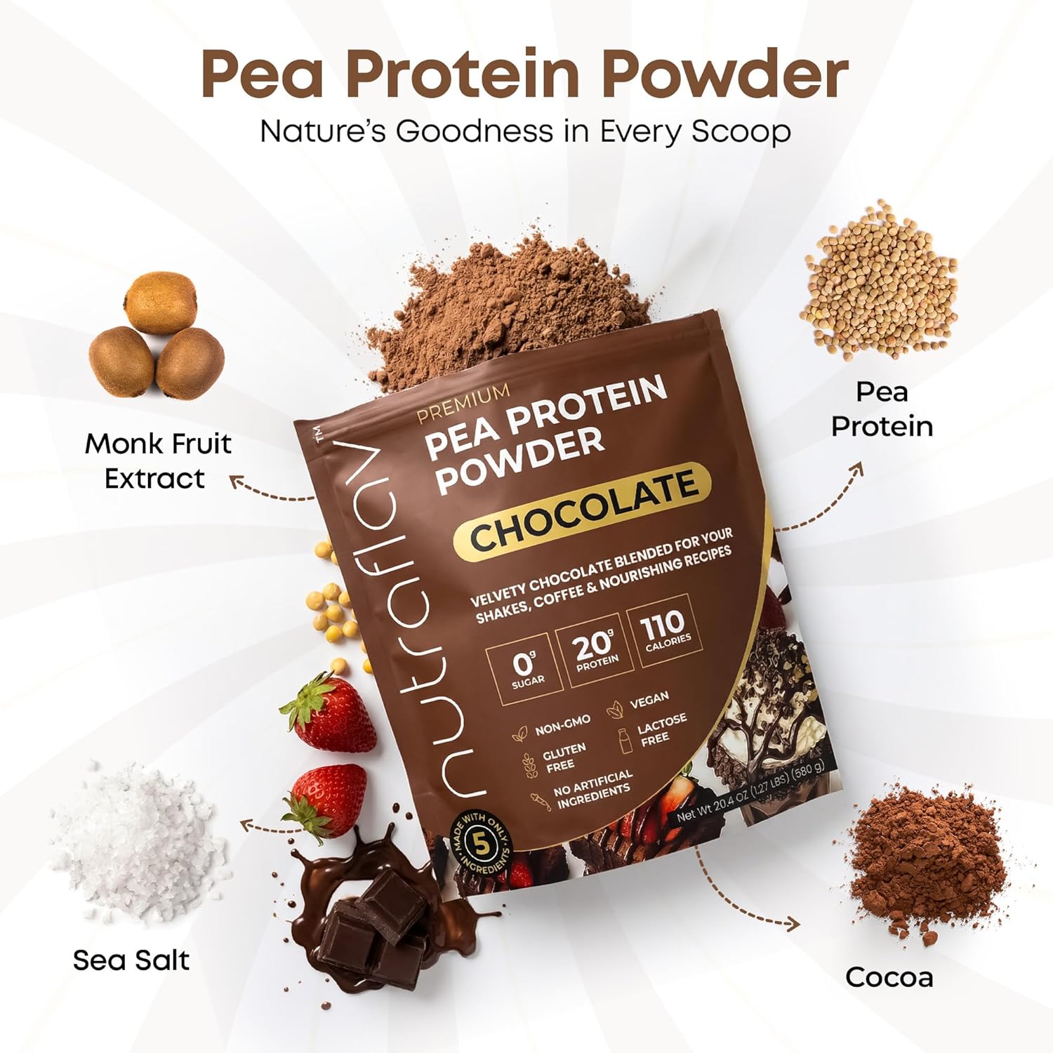 Vegan Chocolate Protein Powder - Plant Based Pea Protein Powder - 20g Protein Per Serving with 5 Ingredients - Iron-Rich, Easy to Digest - No Added Sugar - Great for Shakes & Smoothies - 20 Servings - Image 5