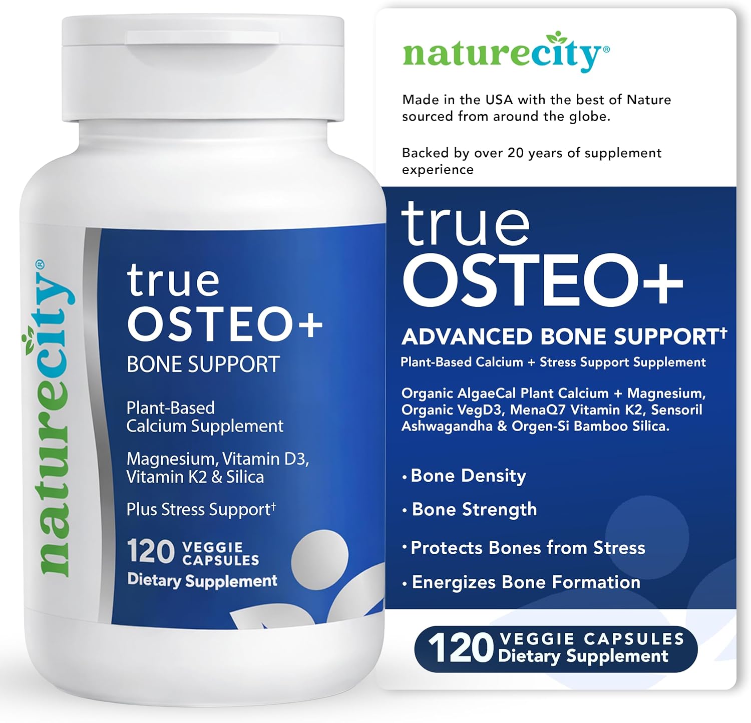 NatureCity True-Osteo Plus Bone Support with Ashwagandha – for Strength & Density – Plant-Based Calcium with Organic AlgaeCal, Magnesium, Vitamin D3, K2, Silicon & Stress Support | 120 Veggie Capsules