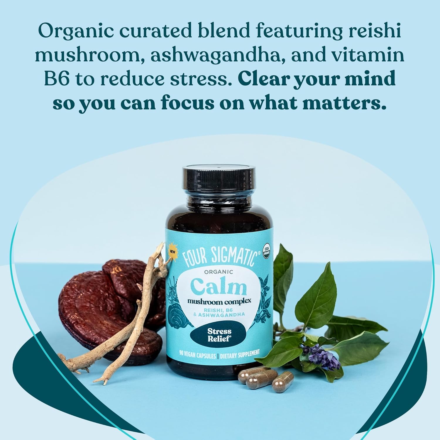 Four Sigmatic Calm Capsules | Vegan Stress Relief Supplement to Promote Positive Mood with Organic Ashwagandha Powder, Organic Reishi Mushroom, Tulsi (Holy Basil Extract), Vitamin B6 | 30 Servings - Image 3