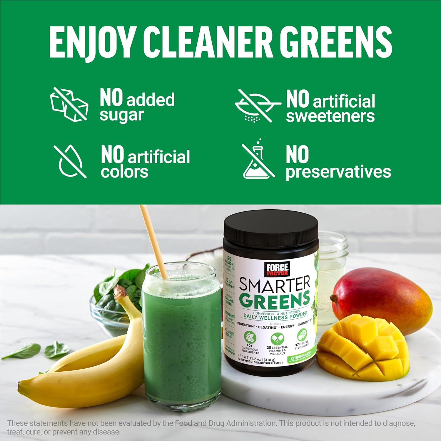 Force Factor Smarter Greens Daily Wellness Powder, Greens Superfood Powder to Support Gut Health, Bloating & Digestion, with 40+ Superfoods, 125 Million CFUs of Probiotics, Citrus Flavor, 30 Servings - Image 9