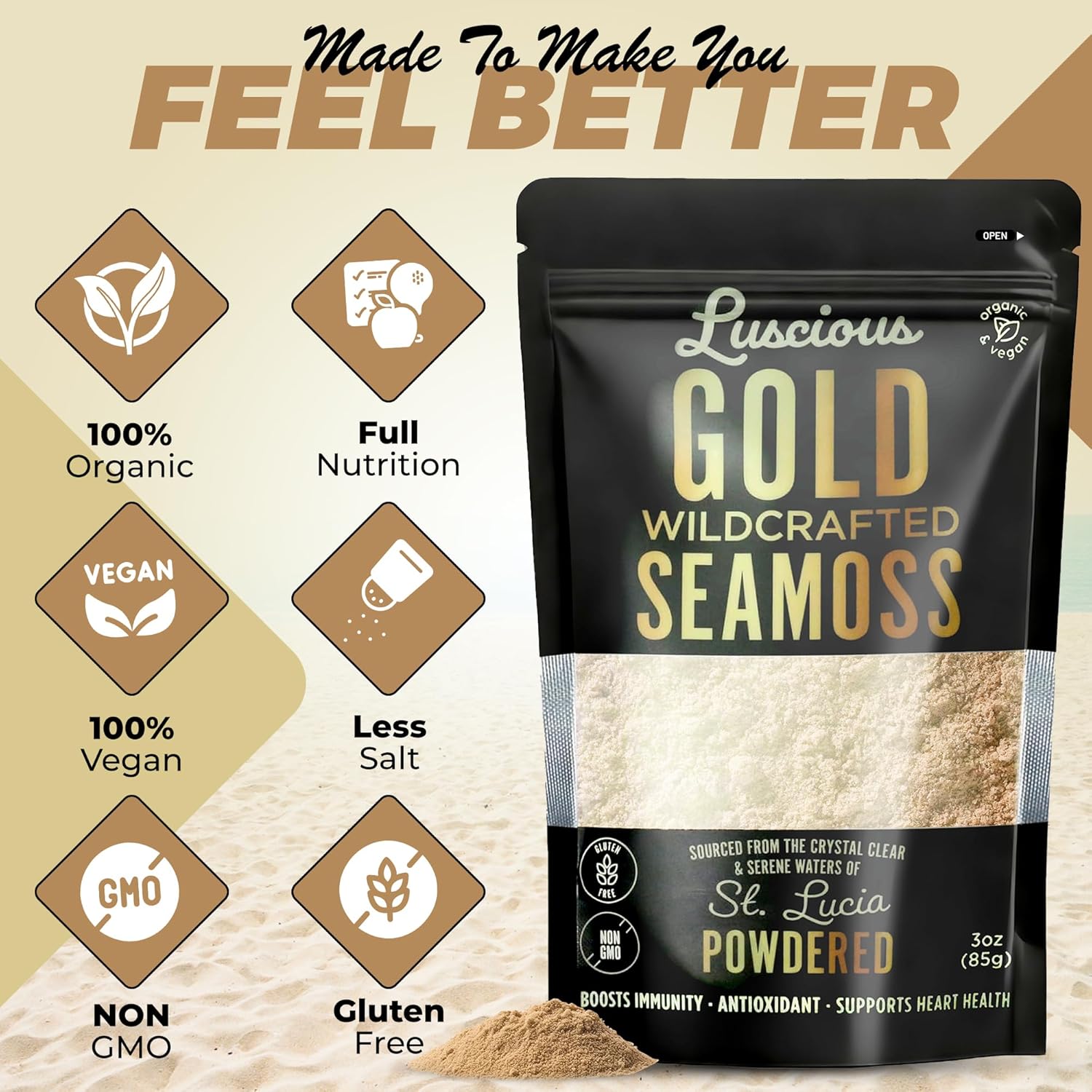 Luscious Gold Wildcrafted Sea Moss Powder 3 Oz | St Lucia 100% Organic Sea Moss Superfood Powder | Supports Immune,Gut & Digestive Health | Vegan, Gluten-Free, Makes 120+ Fl Oz Gel - Image 2
