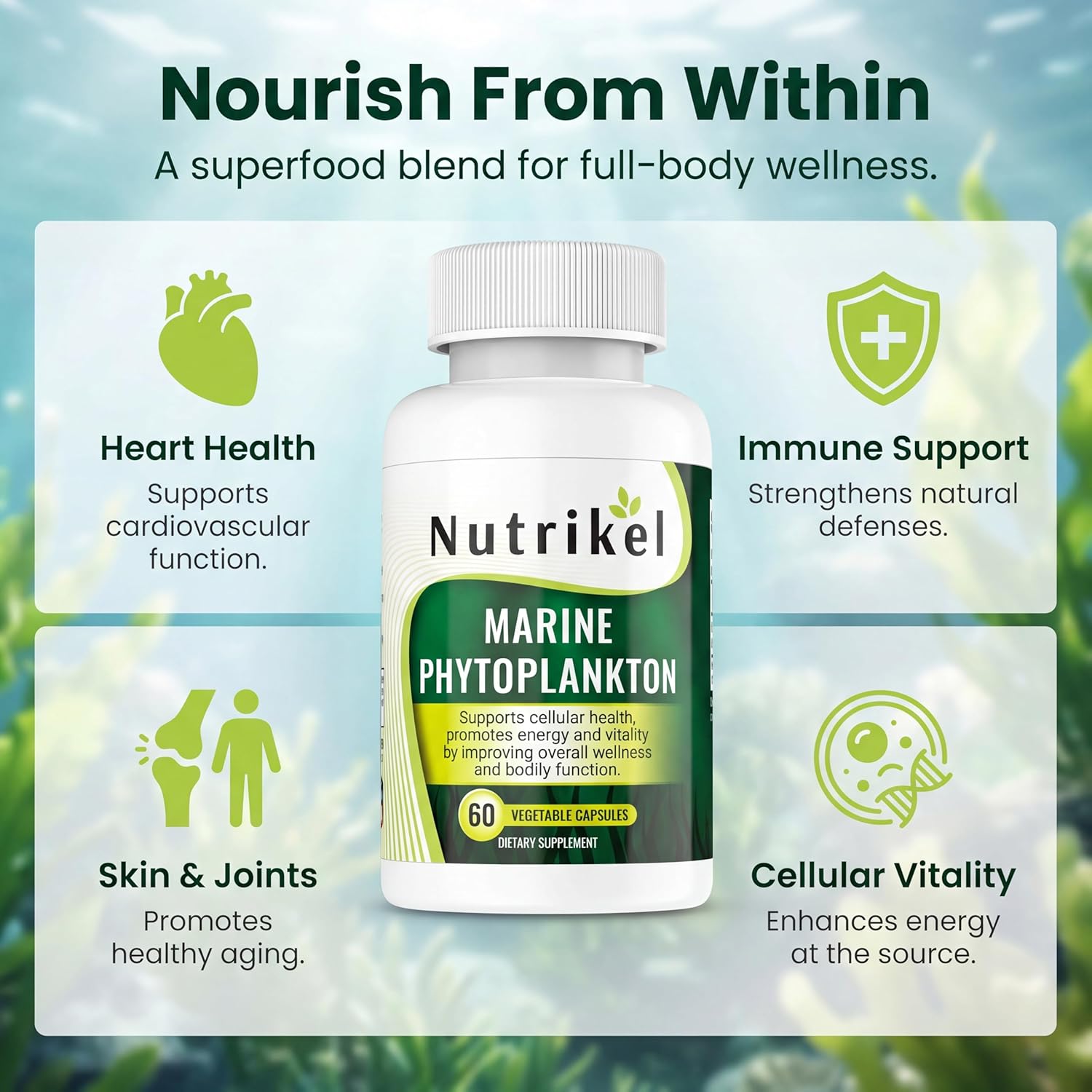 Marine Phytoplankton Omega 3 Supplement – Plant-Based Algae Capsules for Energy, Focus & Cellular Support – Vegan Superfood for Brain, Heart & Skin Health – 1,000mg – 60 Vegan Capsules - Image 2