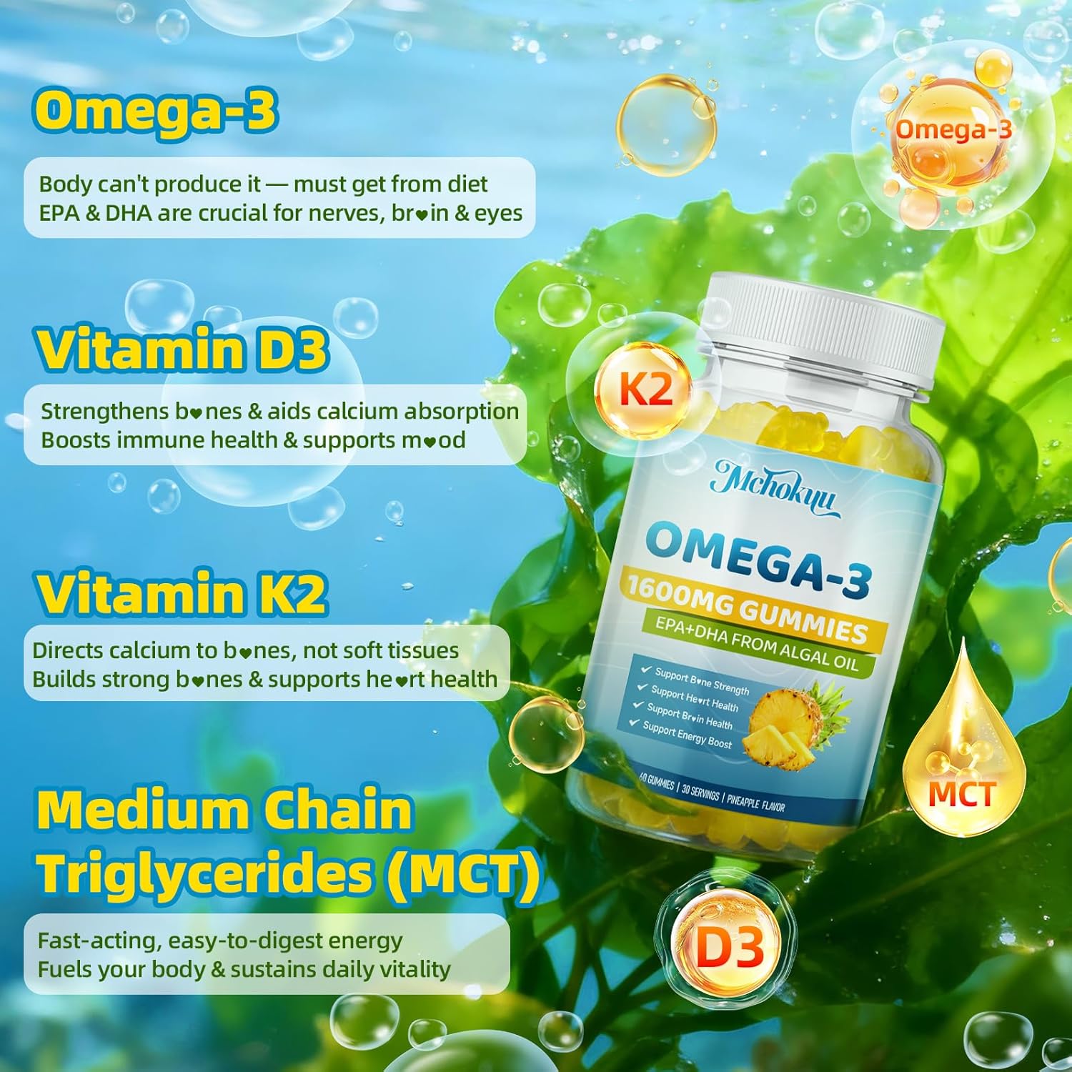 Vegan Omega-3 Gummies 1600mg EPA & DHA from Algal Oil, Fish Oil Alternative for Adults & Kids, Omega 3 Supplement with Vitamin D3 K2 for Brain, Eye & Immune Health Sugar Free Pineapple, 60 Count - Image 3