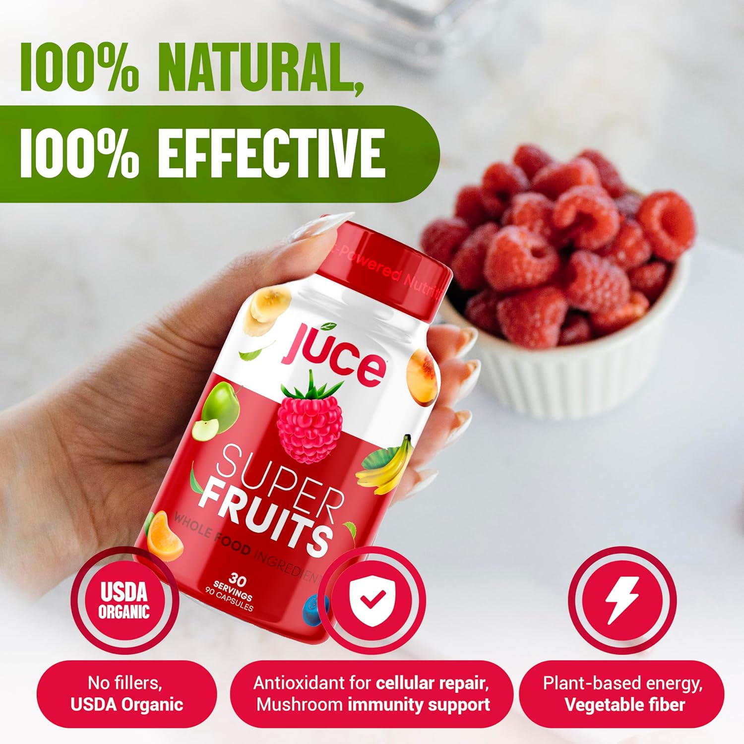 Juce Original Formula - Organic Super Fruit & Veggies Supplement - Gluten/Gelatin Free, Soy Free & Vegan- Reds & Greens Superfood Capsules- 23 Fruits & 23 Vegetables (180 Count)- By Terra Kai Organics - Image 5