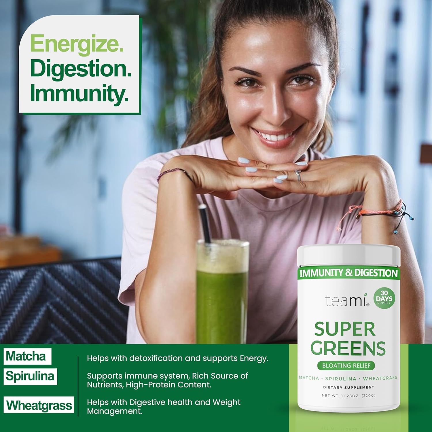 Teami Organic Super Greens Powder for Immunity & Digestion, Non-GMO Greens Superfood Powder to Support Energy, 16 superfood Ingredients, Sugar-Free Veggie Powder for Juice & Smoothie, 32 Servings - Image 5