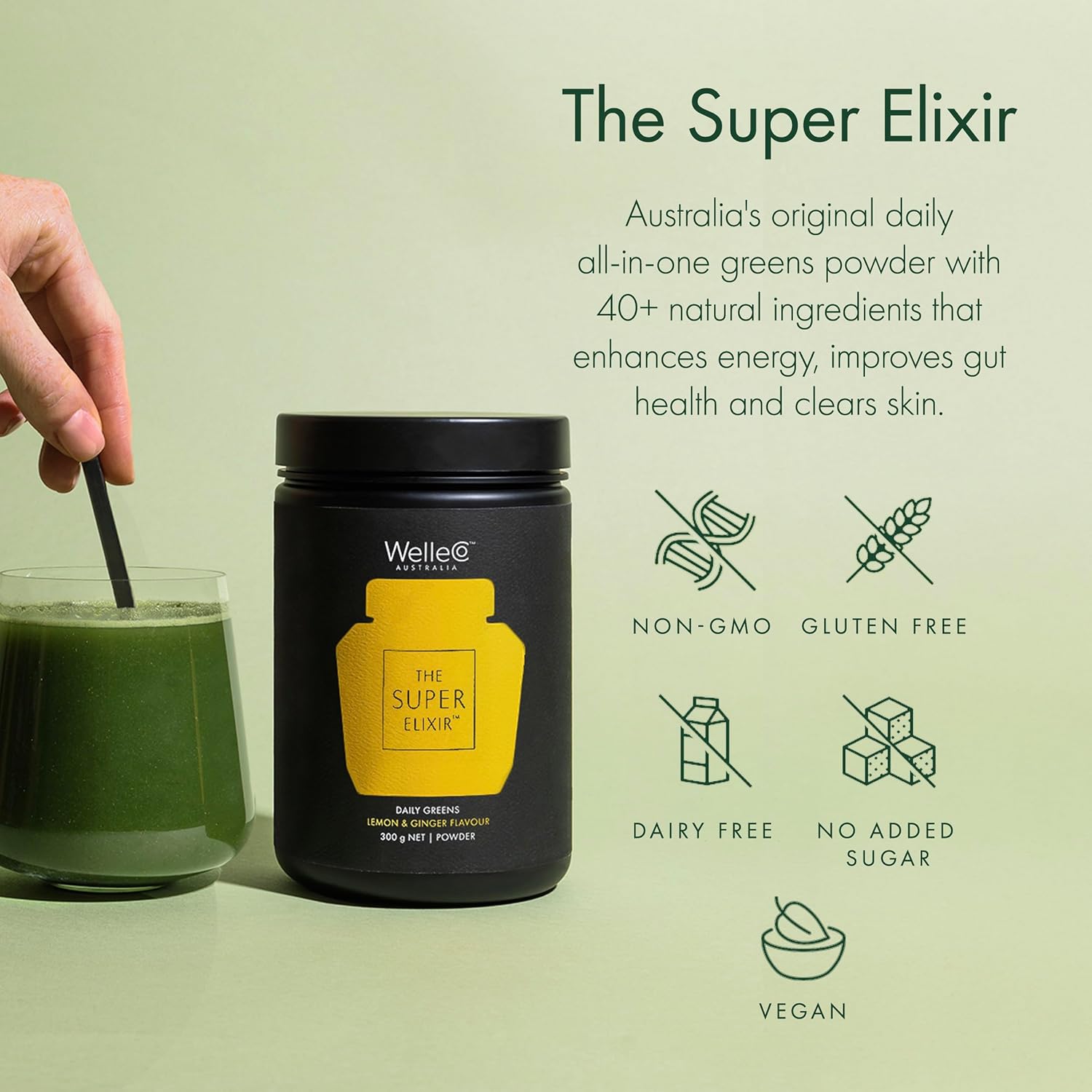 WelleCo The Super Elixir Daily Greens Powder, Probiotic Drink Mix with Whole Foods, Gluten Free, Vegan Gut Health Powder, Energy, Immunity, Healthy Skin, Hair & Nails (300g, Lemon Ginger) - Image 5