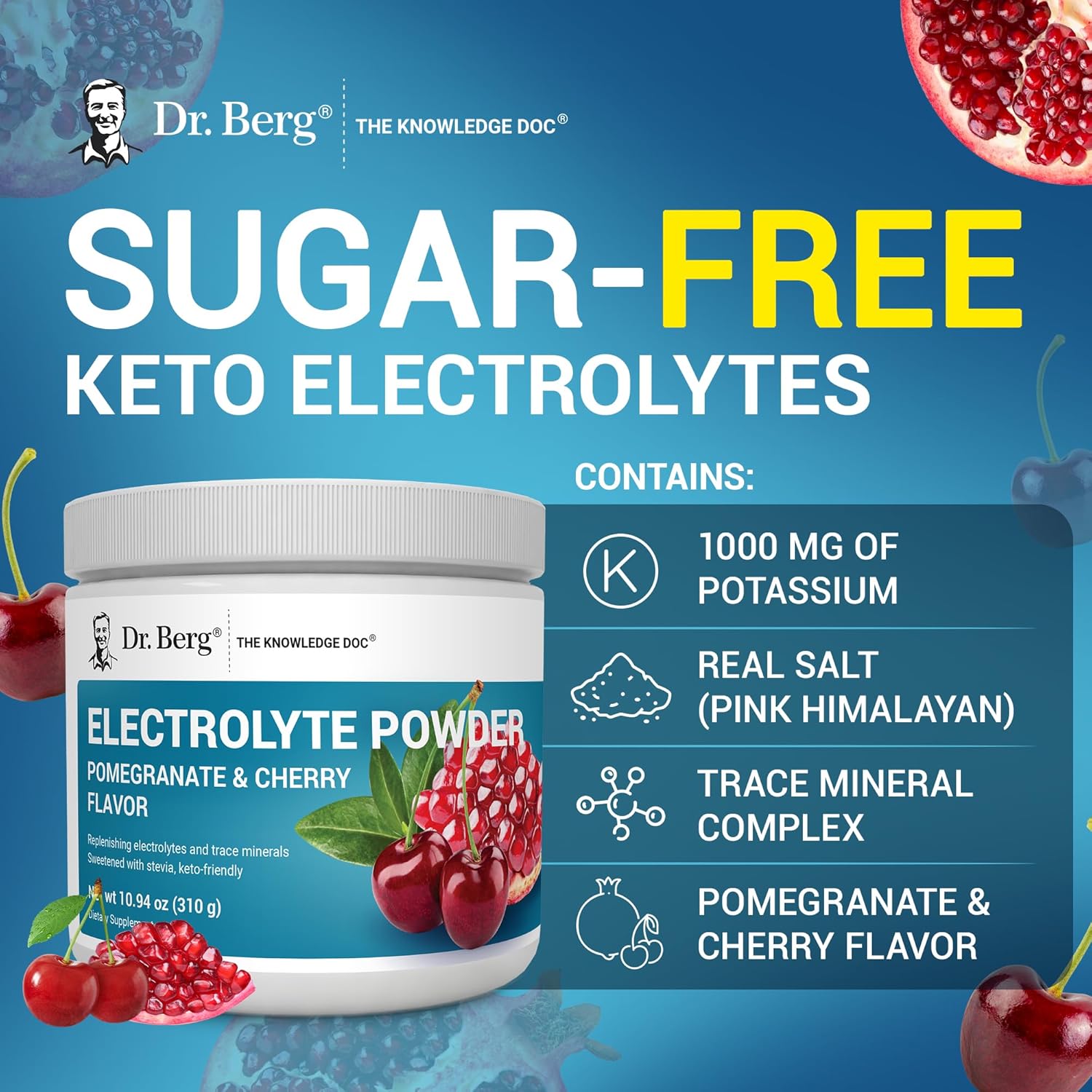 Dr. Berg Zero Sugar Hydration Keto Electrolyte Powder - Enhanced w/ 1000 mg of Potassium & Real Pink Himalayan Salt (NOT Table Salt) - Pomegranate and Cherry Hydration Drink Supplement - 50 Servings - Image 7