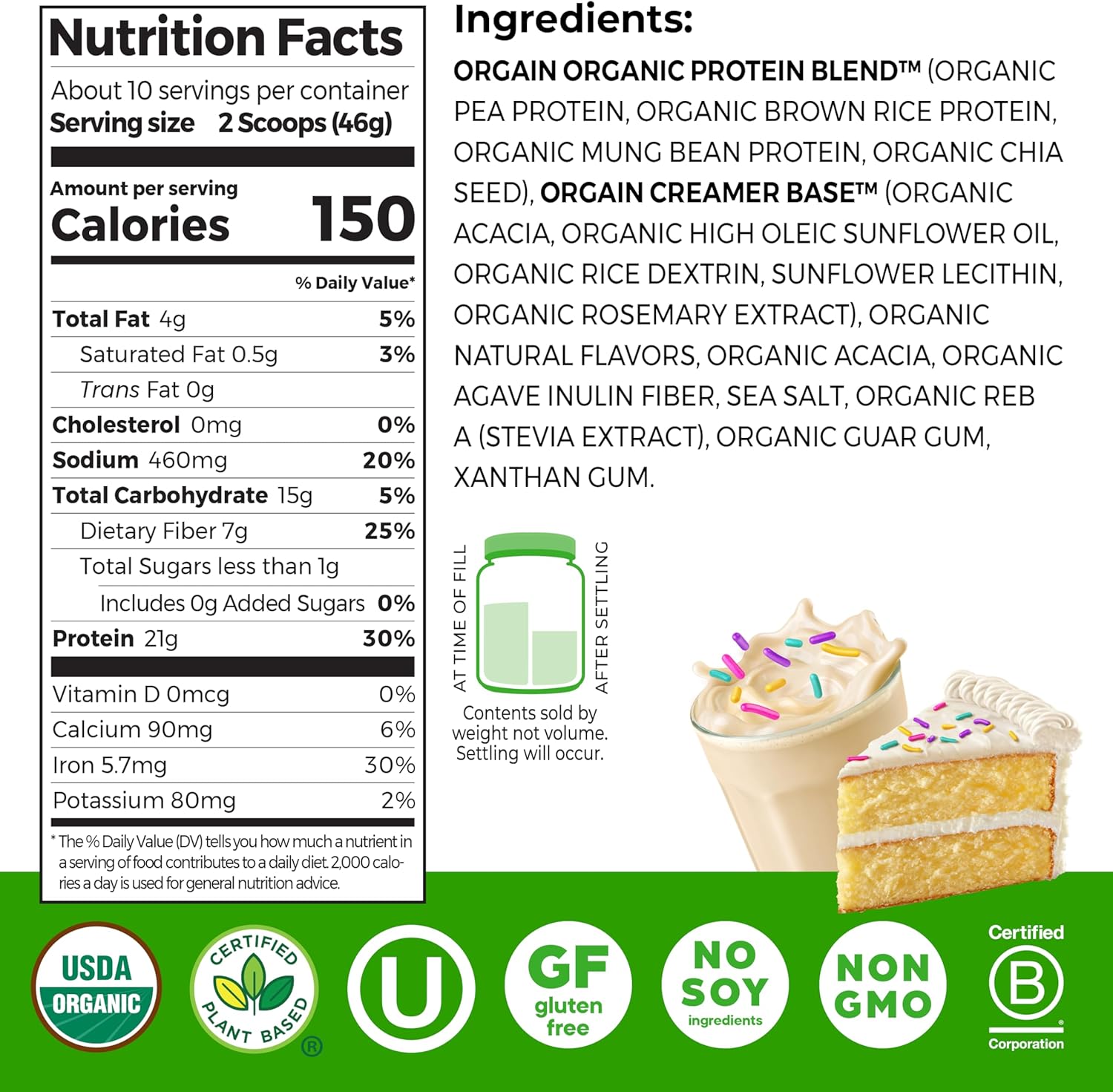 Orgain Organic Vegan Protein Powder, Birthday Cake - 21g Plant Based Protein, 7g Prebiotic Fiber, Low Net Carb, No Lactose Ingredients, No Added Sugar, Non-GMO, for Shakes & Smoothies, 1.02 lb - Image 2