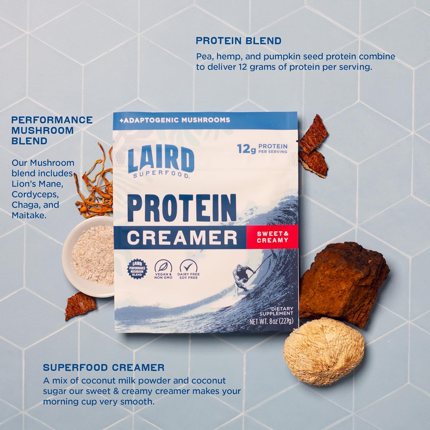 Laird Superfood Non-Dairy Protein Creamer, Sweet & Creamy + Adaptogens, Superfood Creamer with Functional Mushrooms, 12g Protein Per Serving, 8oz Bag - Image 4