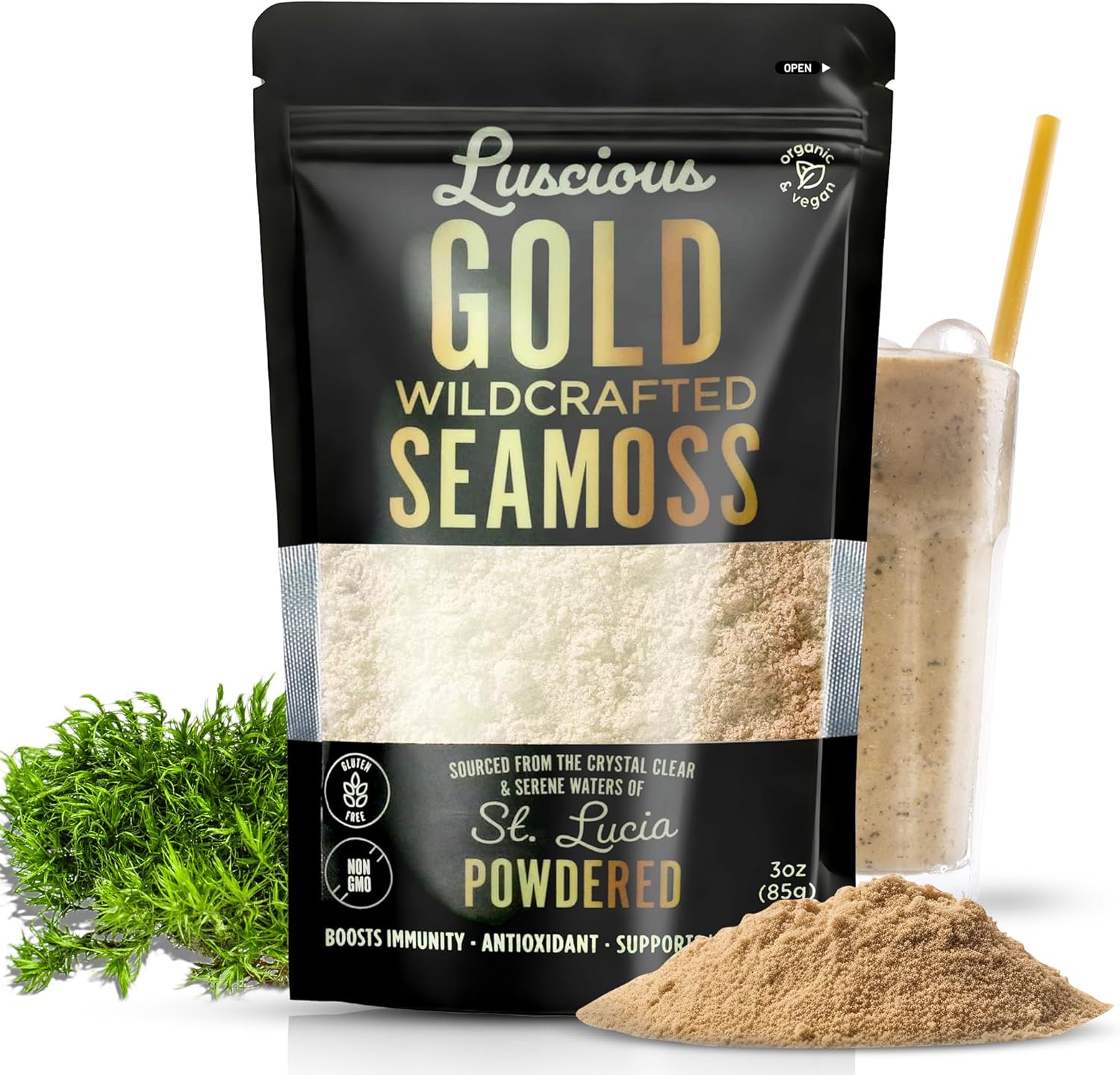 Luscious Gold Wildcrafted Sea Moss Powder 3 Oz | St Lucia 100% Organic Sea Moss Superfood Powder | Supports Immune,Gut & Digestive Health | Vegan, Gluten-Free, Makes 120+ Fl Oz Gel