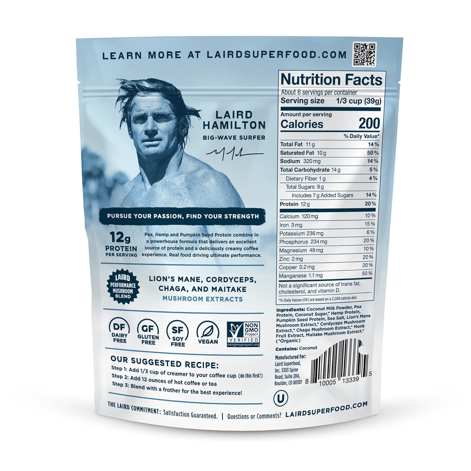 Laird Superfood Non-Dairy Protein Creamer, Sweet & Creamy + Adaptogens, Superfood Creamer with Functional Mushrooms, 12g Protein Per Serving, 8oz Bag - Image 2