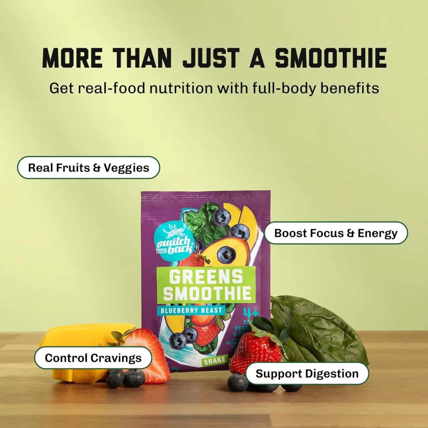 Switchback Smoothie Mix - Blueberry Beast - Banana-Free Freeze-Dried Fruit & Veggie Powder Drink - No Blender Needed - Vegan, Gluten-Free, No Added Sugar - Whole-Food Nutrition - Just Shake & Go (7 Pack) - Image 4