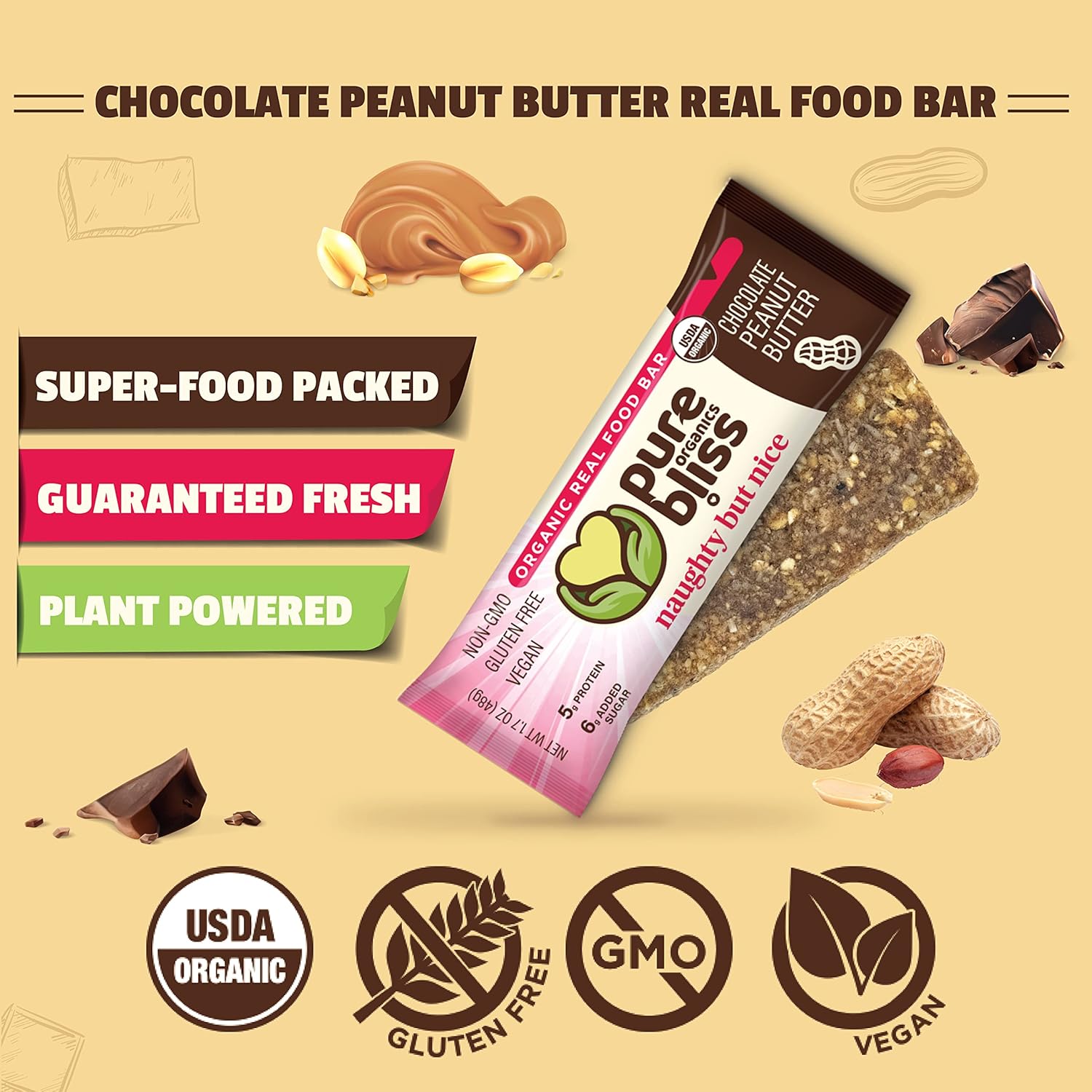Organic Real Food Bar (Chocolate Peanut Butter) Non-GMO, Gluten Free, Vegan, Nutrition Bars, Energy Bars, Super Food Simple Ingredients, Best Tasting, Healthy Snack, Breakfast Bars, Dairy Free, Soy Free, Pure Bliss Organics (1.7 oz bar, 12-Pack Case) - Image 2