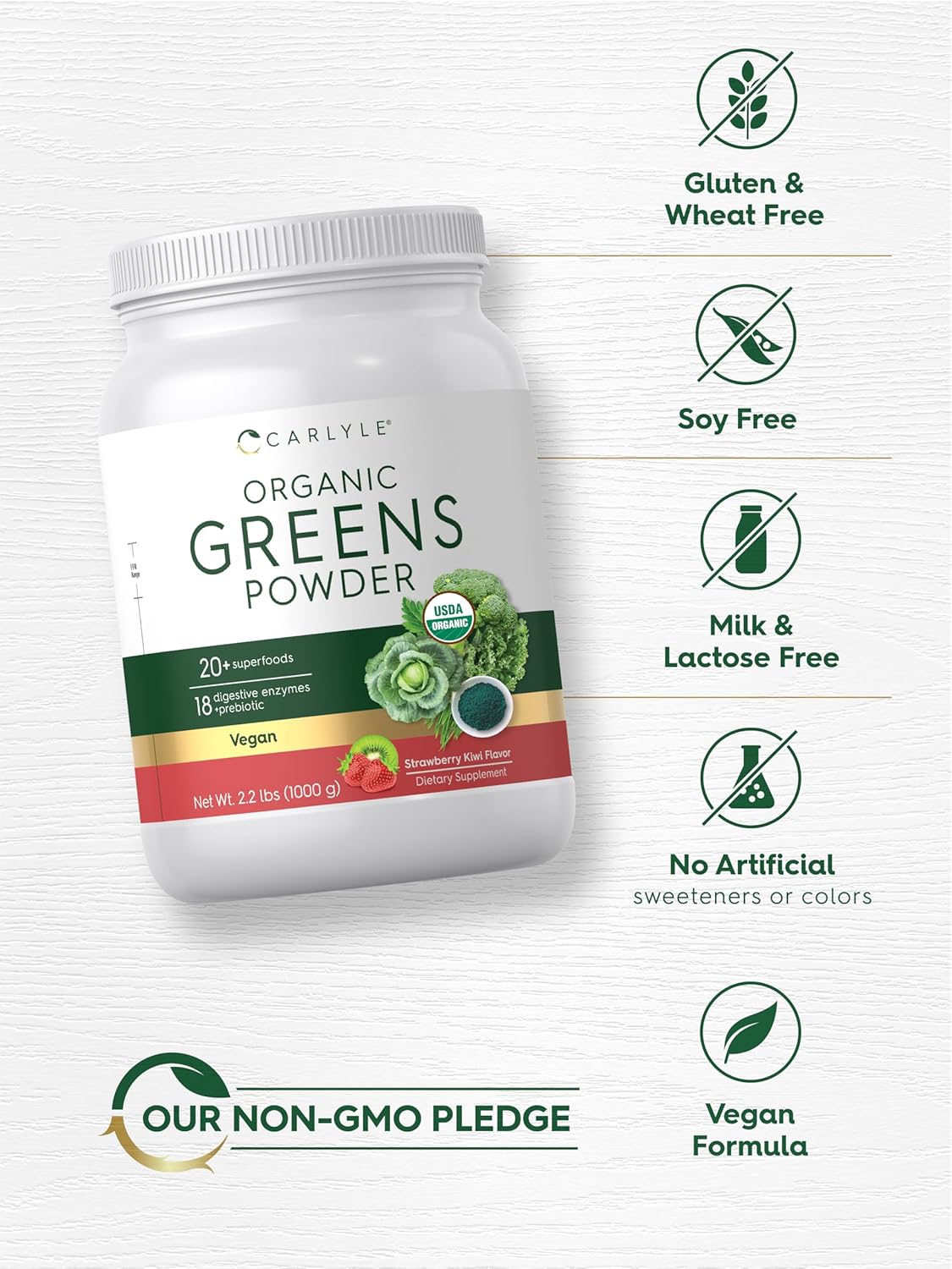 Carlyle Organic Greens Powder | 35.2 oz Supplement | Strawberry Kiwi Flavor | Relieves Occasional Gas, Discomfort & Bloating | with 20+ Superfoods, and Prebiotics | Vegan, Non-GMO and Gluten Free - Image 5