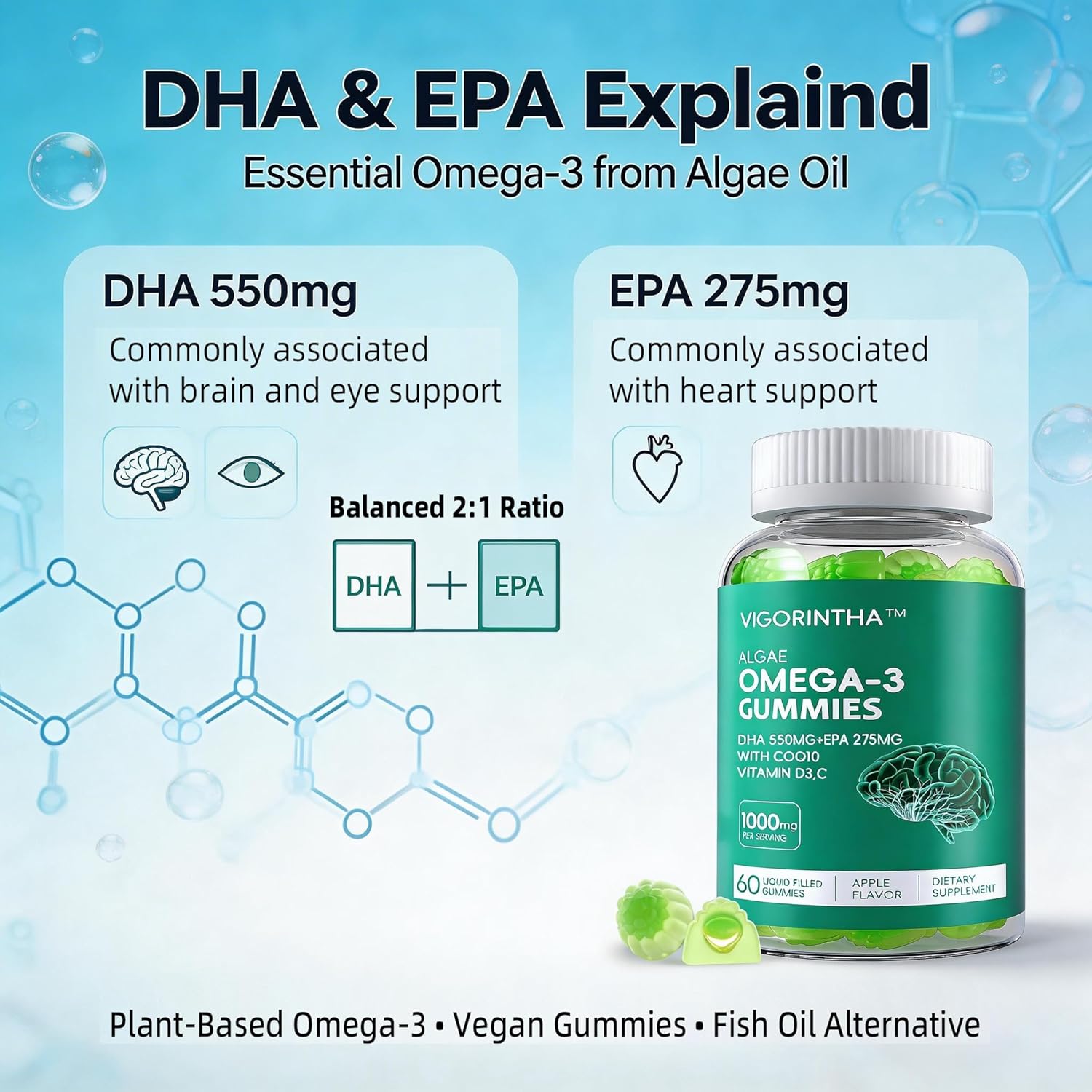 Vegan Omega-3 Algae Oil Supplement with DHA 300mg & EPA 150mg, Plant-Based Omega-3 with Vitamin D3 & K2, Fish-Free Algal Oil Softgels for Men & Women, 2 Pack, 120 Softgels, 60 Day Supply - Image 5
