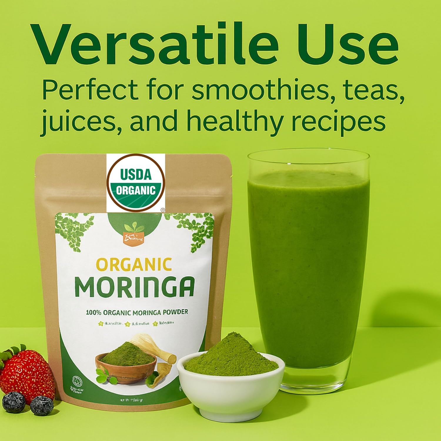 Organic Moringa Leaf Powder – USDA Certified Green Superfood | Natural Energy & Immune Support – Vegan, Non-GMO, Gluten-Free – Pure Raw Moringa for Smoothies, Teas, Cooking – 8oz Resealable Pouch - Image 4