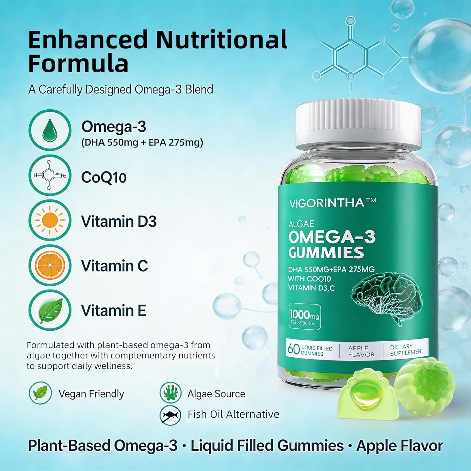 Vegan Omega-3 Algae Oil Supplement with DHA 300mg & EPA 150mg, Plant-Based Omega-3 with Vitamin D3 & K2, Fish-Free Algal Oil Softgels for Men & Women, 2 Pack, 120 Softgels, 60 Day Supply - Image 7