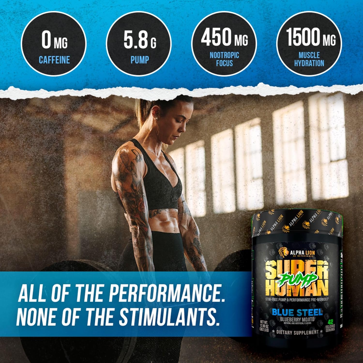 ALPHA LION Superhuman Pump Pre Workout Powder, Nootropic Caffeine & Stim Free Preworkout Supplement, Nitric Oxide Booster, Muscle Gainer, Energy & Focus (42 Servings, Blueberry Steel Flavor) - Image 3