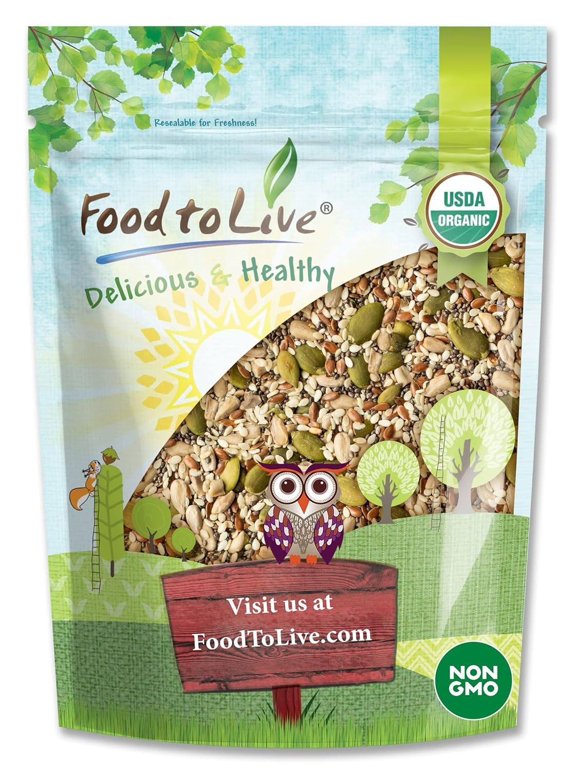 Food to Live Organic Super 5 Seeds Mix, 12 Ounces – A Non-GMO Blend of Flax Seeds, Sesame Seeds, Sunflower Kernels, Pumpkin Kernels, and Chia Seeds, Vegan, Kosher, Bulk. Great for Smoothies & Salads