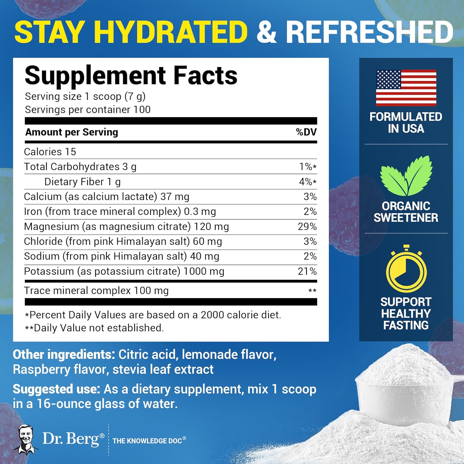 Dr. Berg Zero Sugar Hydration Keto Electrolyte Powder - Enhanced w/ 1000 mg of Potassium & Real Pink Himalayan Salt (NOT Table Salt) - Raspberry & Lemon Flavor Hydration Drink Supplement, 100 Servings - Image 3