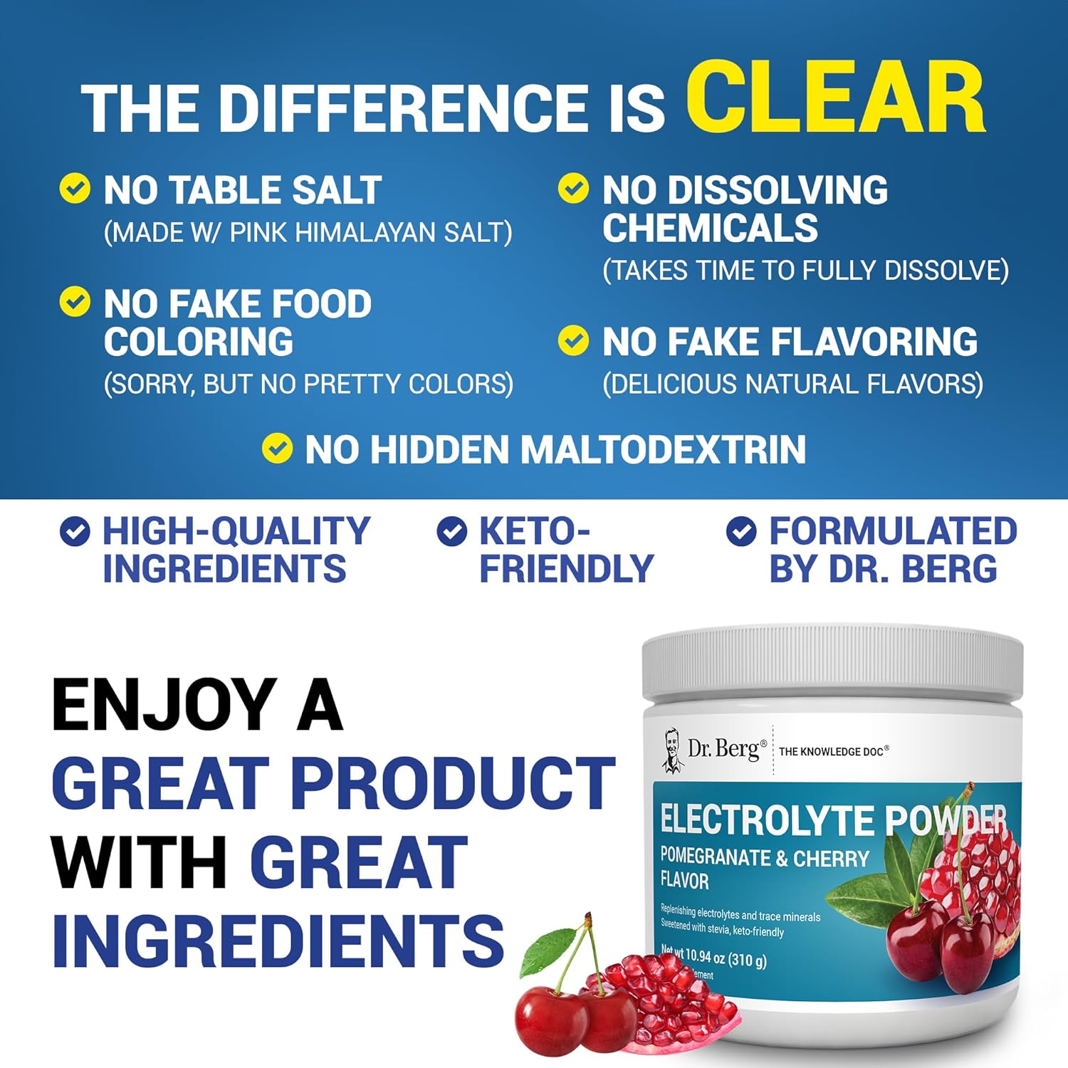 Dr. Berg Zero Sugar Hydration Keto Electrolyte Powder - Enhanced w/ 1000 mg of Potassium & Real Pink Himalayan Salt (NOT Table Salt) - Pomegranate and Cherry Hydration Drink Supplement - 50 Servings - Image 5