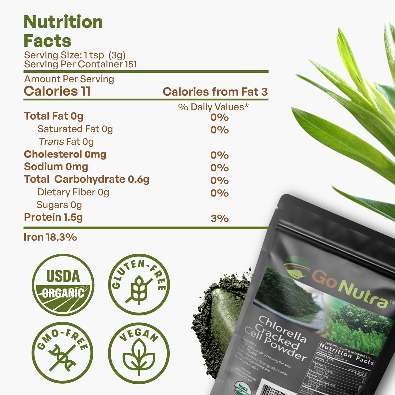 Go Nutra - Chlorella Powder, Pure Greens Powder with Vitamins, Minerals, and Antioxidants, All Natural Greens Superfood Powder, Chlorella Cracked Cell Green Powder, Non-GMO, Vegan, 16 oz - Image 6