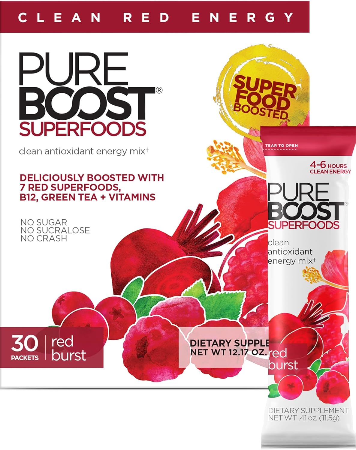 Pureboost Sugar-Free Superfoods Clean Energy Booster, Red Burst 30 Count, Refreshing Energy Drink Mix with 7 Organic Red Superfoods; Beet, Hibiscus, Pomegranate and Vitamins, No Sucralose