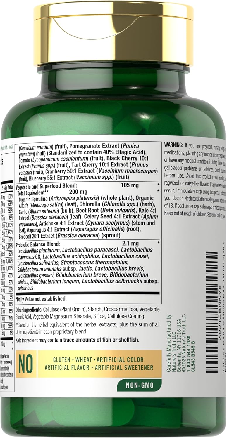 Nature's Fortune Whole Food Multivitamin with Probiotics | 120 Coated Caplets | Made with 20 Fruits and Vegetables | Non-GMO & Gluten Free Supplement - Image 3