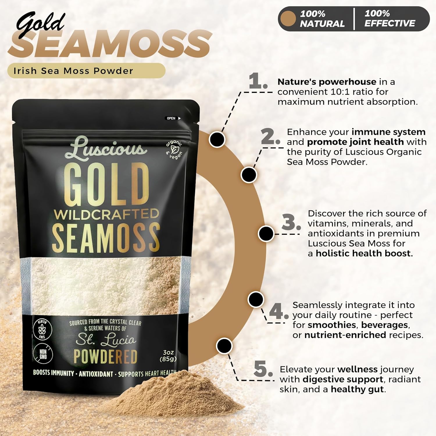 Luscious Gold Wildcrafted Sea Moss Powder 3 Oz | St Lucia 100% Organic Sea Moss Superfood Powder | Supports Immune,Gut & Digestive Health | Vegan, Gluten-Free, Makes 120+ Fl Oz Gel - Image 4