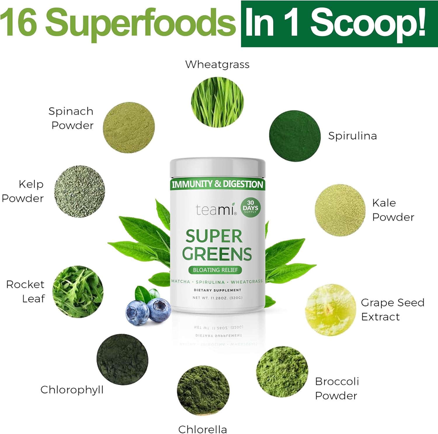 Teami Organic Super Greens Powder for Immunity & Digestion, Non-GMO Greens Superfood Powder to Support Energy, 16 superfood Ingredients, Sugar-Free Veggie Powder for Juice & Smoothie, 32 Servings - Image 4