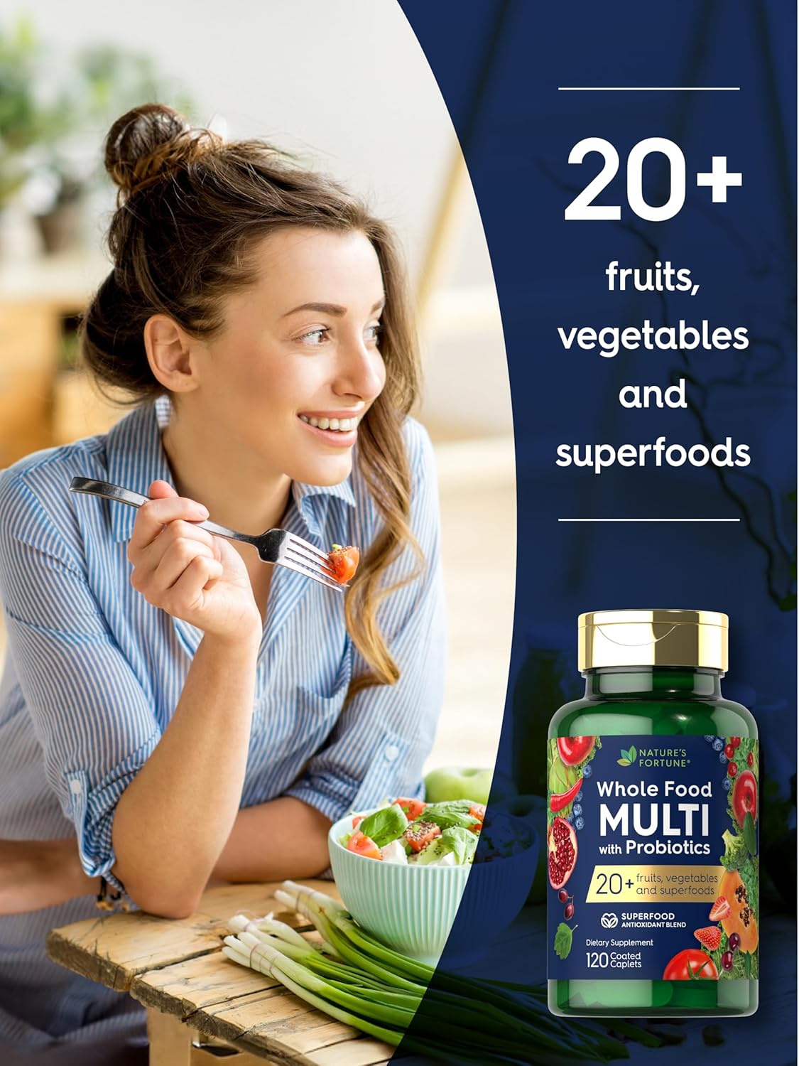 Nature's Fortune Whole Food Multivitamin with Probiotics | 120 Coated Caplets | Made with 20 Fruits and Vegetables | Non-GMO & Gluten Free Supplement - Image 5
