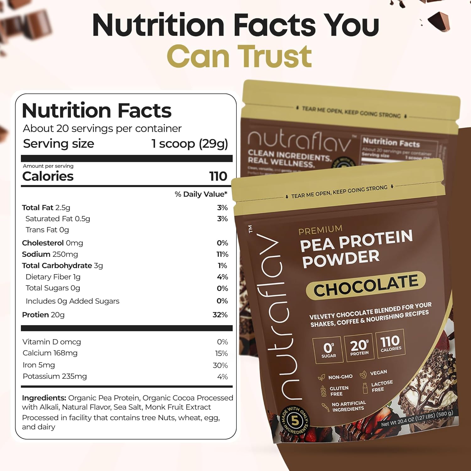 Vegan Chocolate Protein Powder - Plant Based Pea Protein Powder - 20g Protein Per Serving with 5 Ingredients - Iron-Rich, Easy to Digest - No Added Sugar - Great for Shakes & Smoothies - 20 Servings - Image 2