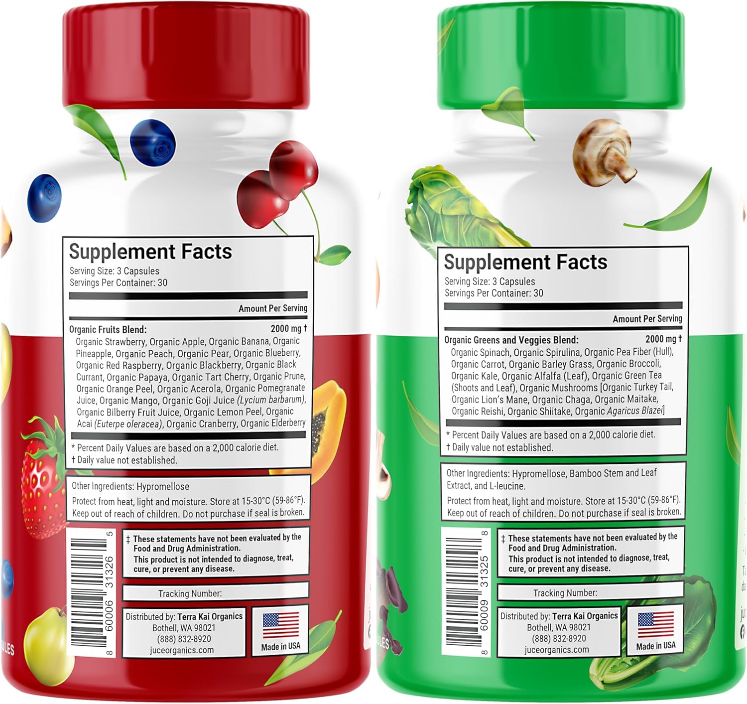 Juce Original Formula - Organic Super Fruit & Veggies Supplement - Gluten/Gelatin Free, Soy Free & Vegan- Reds & Greens Superfood Capsules- 23 Fruits & 23 Vegetables (180 Count)- By Terra Kai Organics - Image 2
