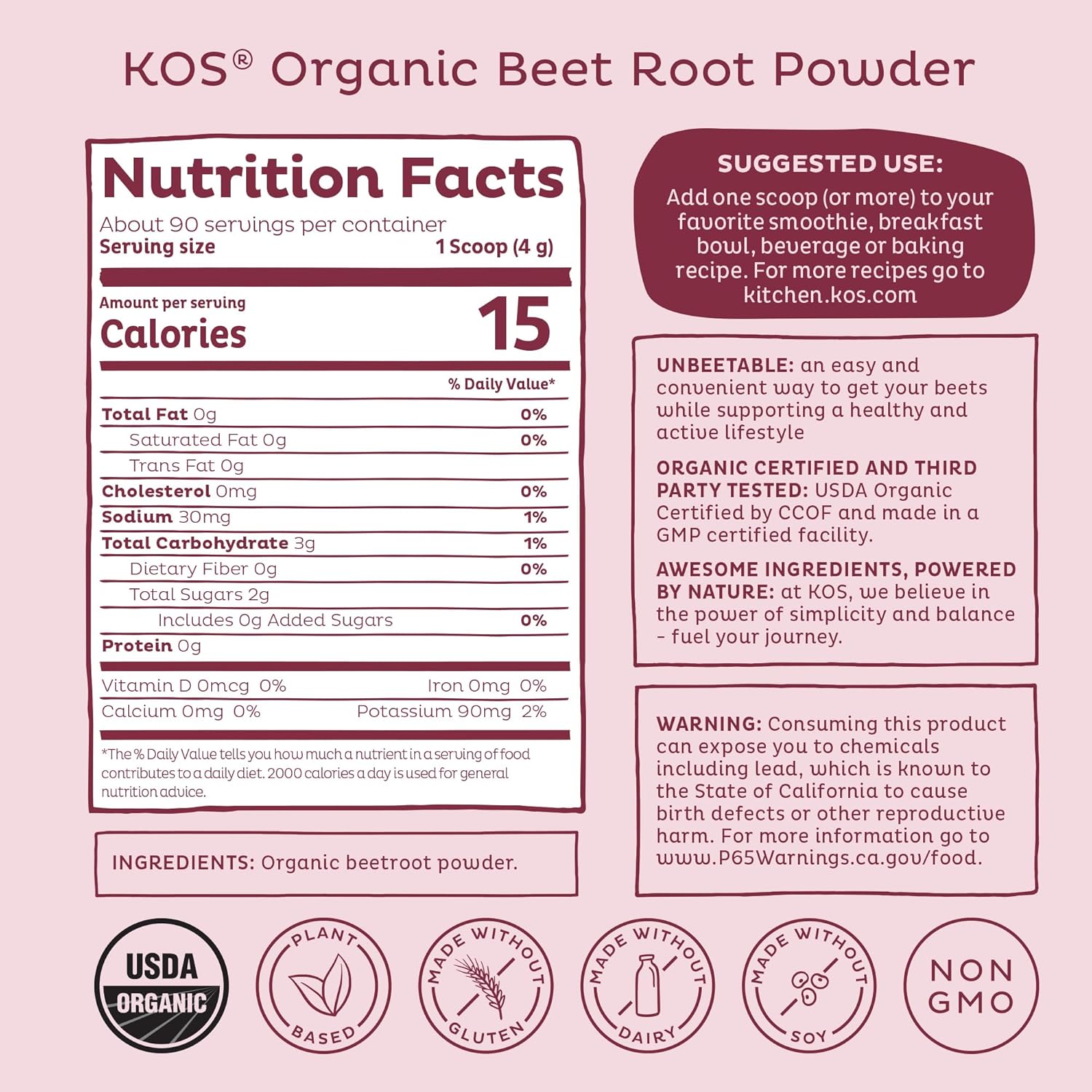 KOS Organic Beet Root Powder, USDA Organic - Natural Nitric Oxide Booster, Superfood Plant Based Beetroot Antioxidant, Supports Active Lifestyle & Healthy Circulation, Soy & Gluten-Free - 90 Servings - Image 8