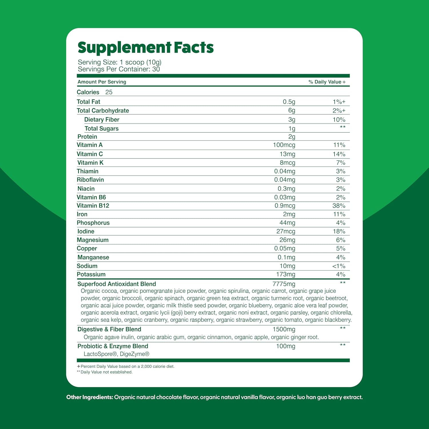 Feel Great Organic Superfood Greens Powder - Cocoa Chocolate | Fruit & Vegetable Supplement | Over 20 Greens, Fruits & Veggies, Fiber, Probiotics & Digestive Enzymes | 30 Servings - Image 9