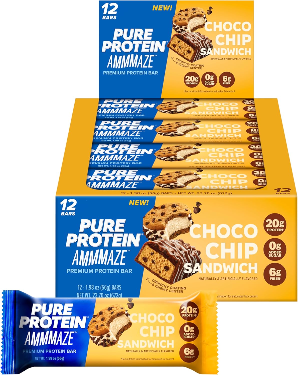 Pure Protein AMMMAZE Choco Chip Sandwich Bars, 20g Protein, 6g Fiber, 5g Net Carbs, No Added Sugar, High Protein Snack, 12 Count – Meal Replacement Bar for On-the-Go