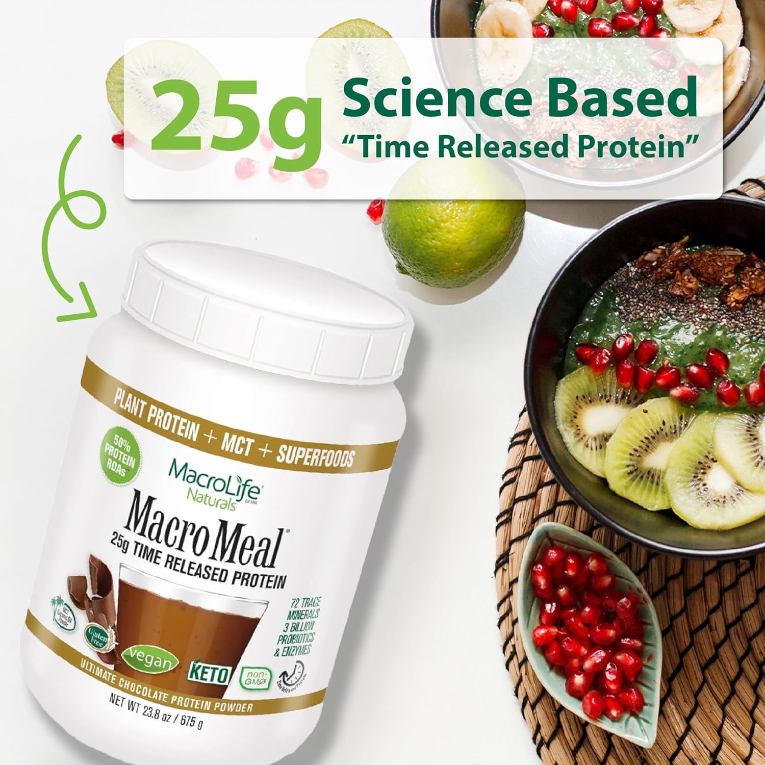 MacroLife Naturals MacroMeal Chocolate Vegan Protein Powder 25g + Superfood Greens 3 Billion Probiotics & Fiber for Lasting Energy - Plant Based Shake & Smoothie Mix Non-GMO, Gluten-Free - 15 Servings - Image 6