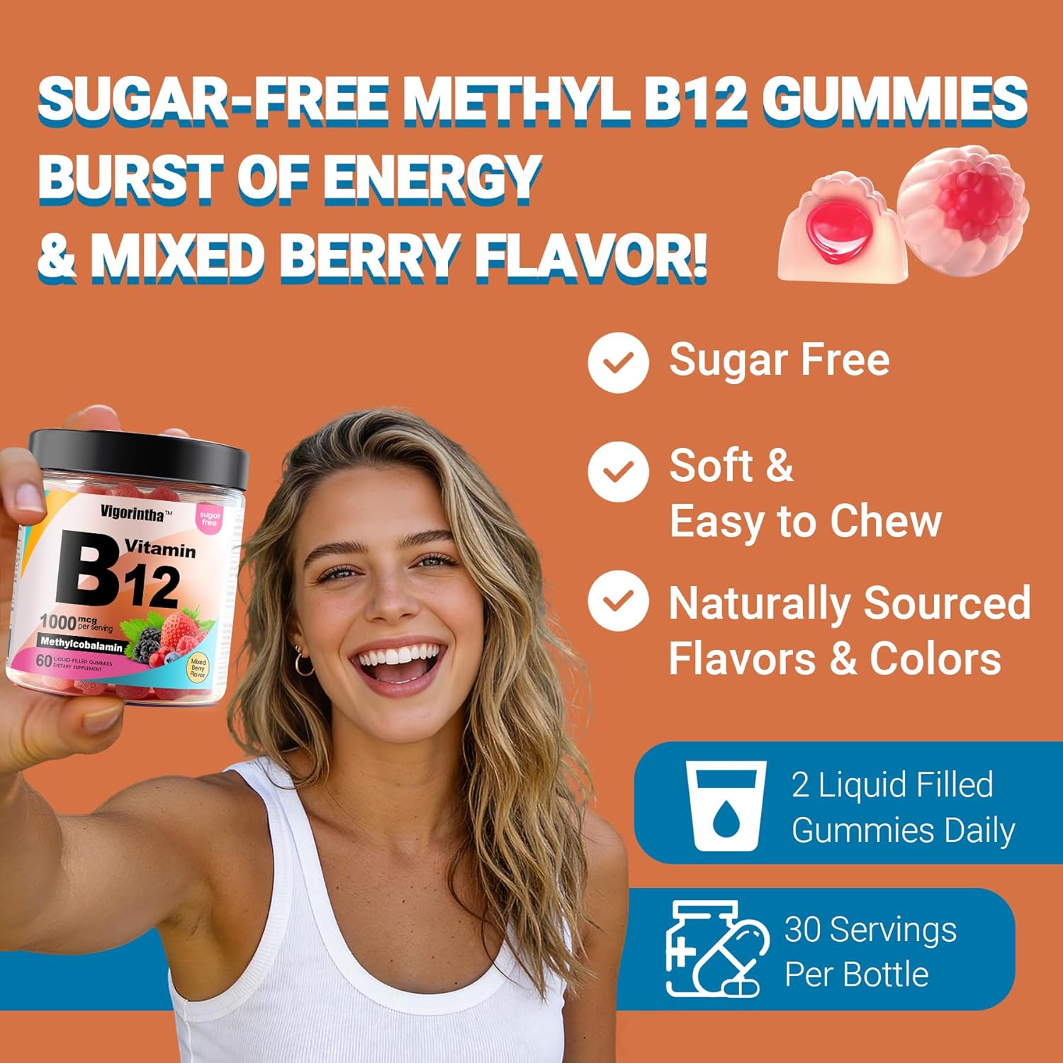 Methyl Vitamin B12 Gummies 1000mcg, Vitamin B12 Methylcobalamin Supplement for Energy & Metabolism, Sugar Free, Vegan, 60 Gummies. - Image 6